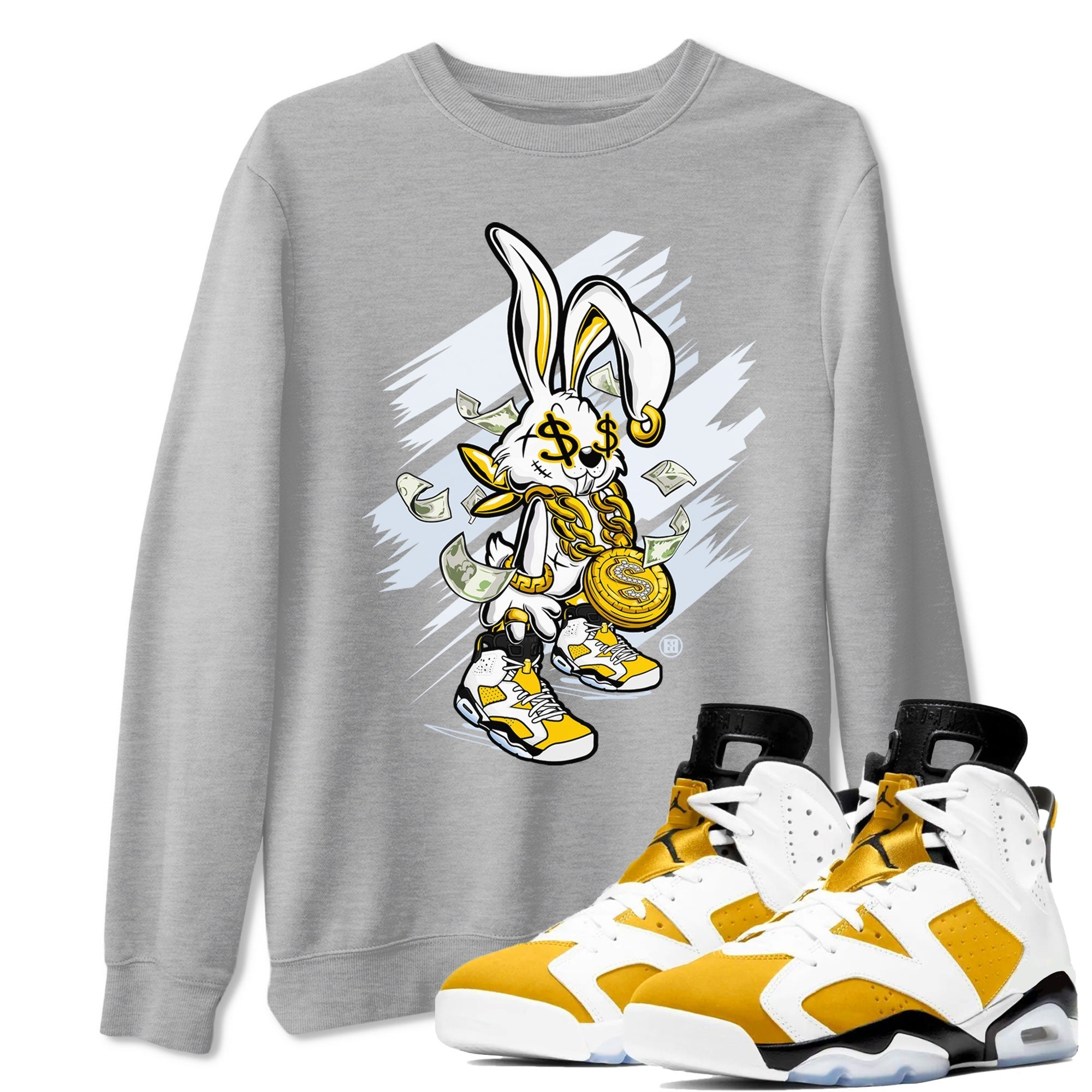 Air Jordan 6 Yellow Ochre shirt to match jordans Rich Bunny special sneaker matching tees AJ6 Yellow Ochre Drip Gear Zone Brand Unisex Heather Grey 1 T-Shirt