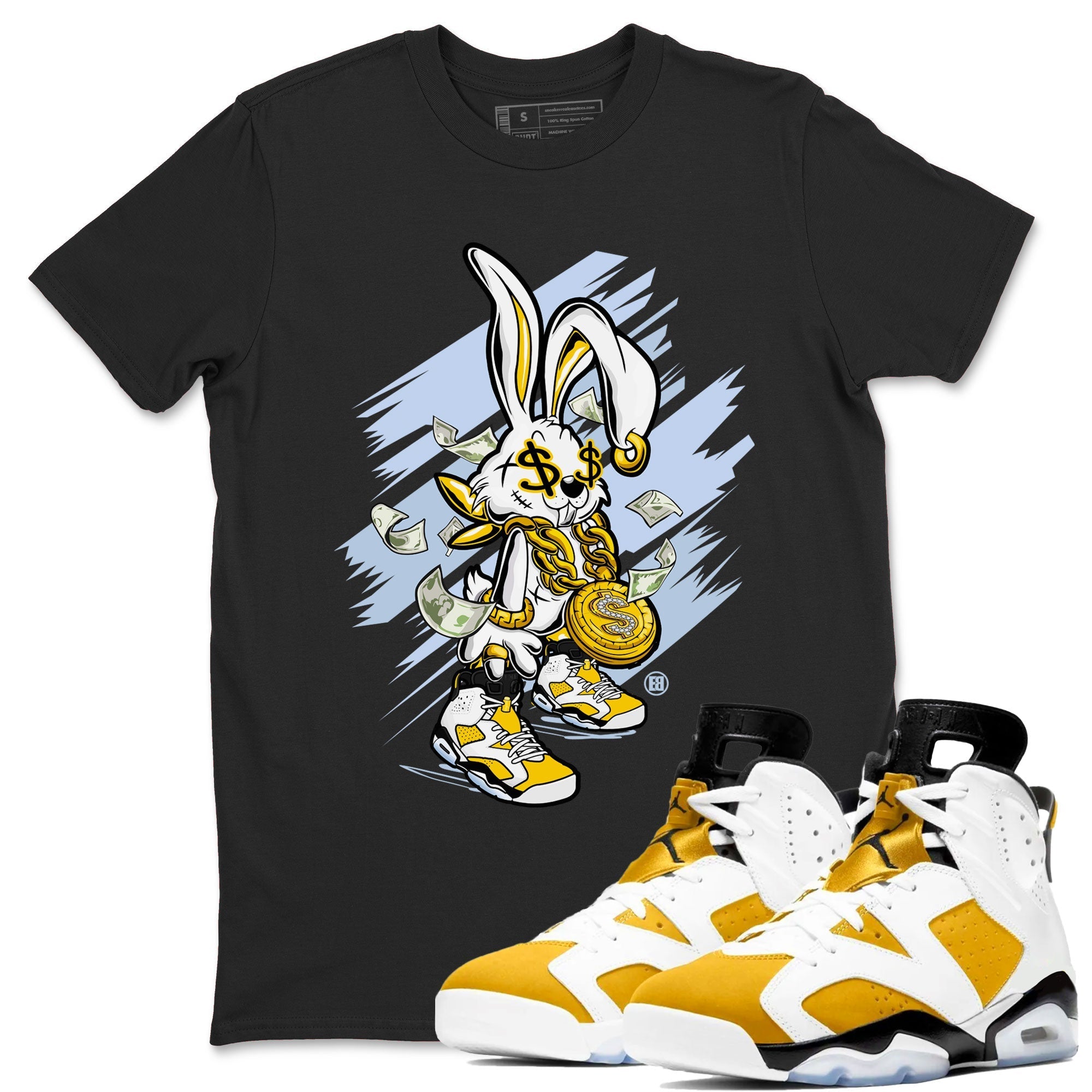 Air Jordan 6 Yellow Ochre shirt to match jordans Rich Bunny special sneaker matching tees AJ6 Yellow Ochre Drip Gear Zone Brand Unisex Black 1 T-Shirt