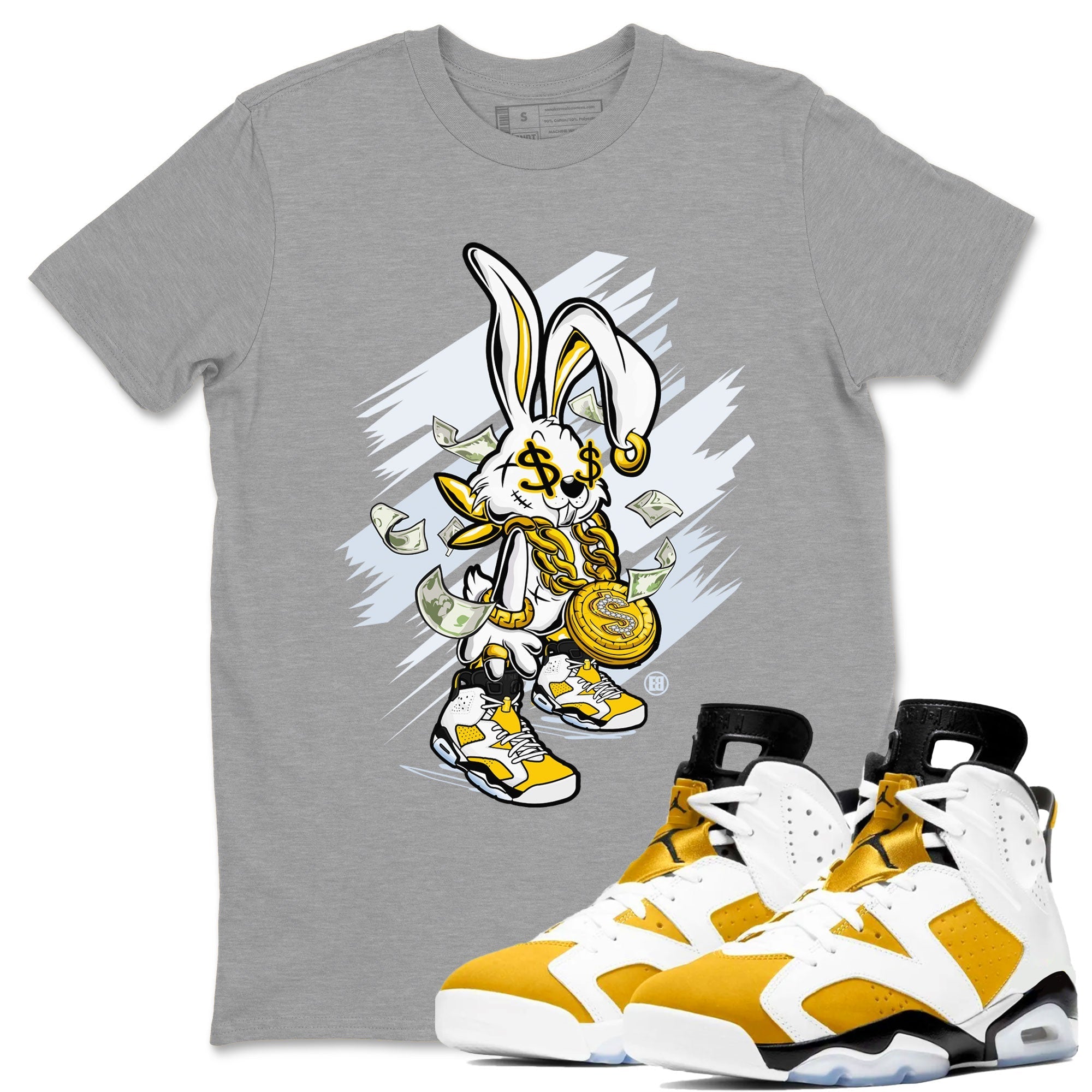 Air Jordan 6 Yellow Ochre shirt to match jordans Rich Bunny special sneaker matching tees AJ6 Yellow Ochre Drip Gear Zone Brand Unisex Heather Grey 1 T-Shirt