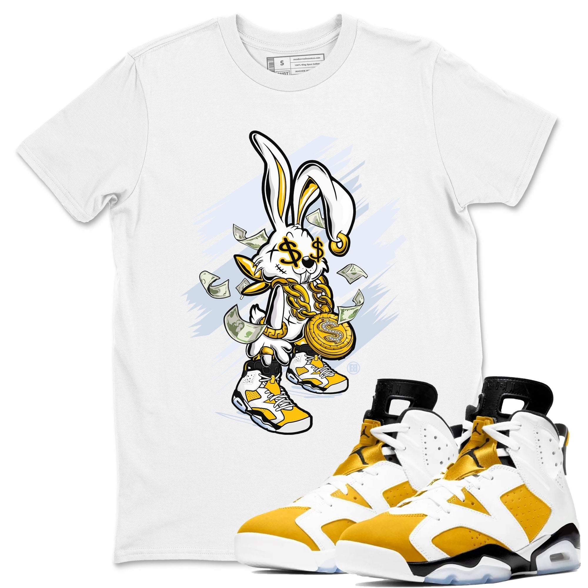 Air Jordan 6 Yellow Ochre shirt to match jordans Rich Bunny special sneaker matching tees AJ6 Yellow Ochre Drip Gear Zone Brand Unisex White 1 T-Shirt