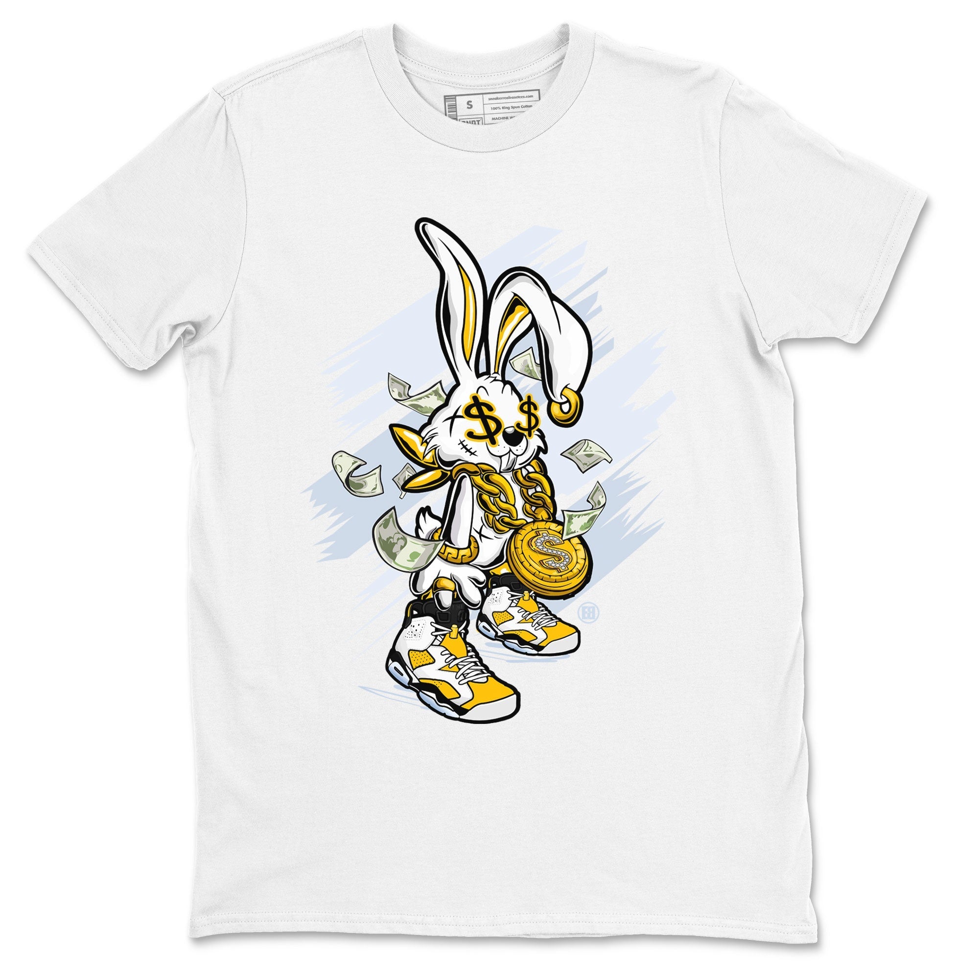 Air Jordan 6 Yellow Ochre shirt to match jordans Rich Bunny special sneaker matching tees AJ6 Yellow Ochre Drip Gear Zone Brand Unisex White 2 T-Shirt