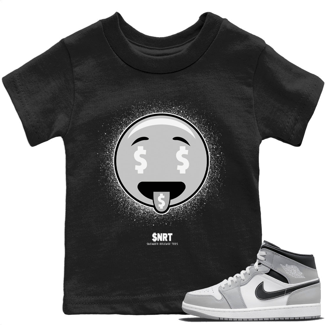 Jordan 1 Light Smoke Grey Sneaker Matching T-Shirt Rich Emoji Sneaker Tees Jordan 1 Light Smoke Grey Sneaker Release Tees Kids Shirts