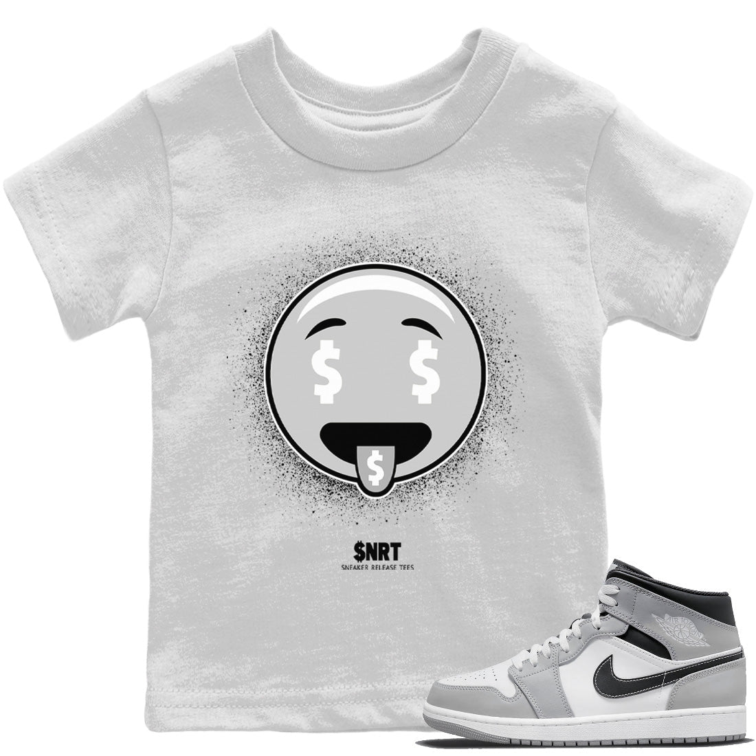 Jordan 1 Light Smoke Grey Sneaker Matching T-Shirt Rich Emoji Sneaker Tees Jordan 1 Light Smoke Grey Sneaker Release Tees Kids Shirts