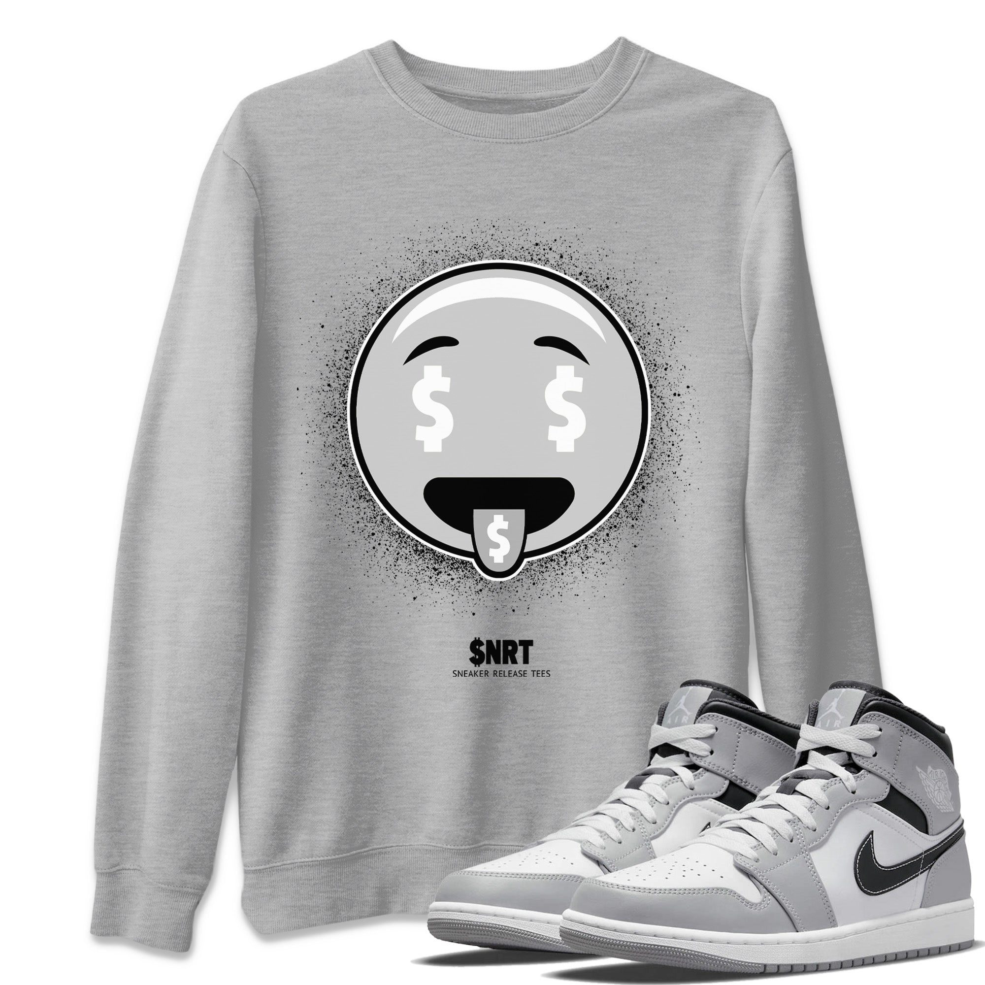 Jordan 1 Light Smoke Grey Sneaker Matching T-Shirt Rich Emoji Sneaker Tees Jordan 1 Light Smoke Grey Sneaker Release Tees Crew Neck Tees