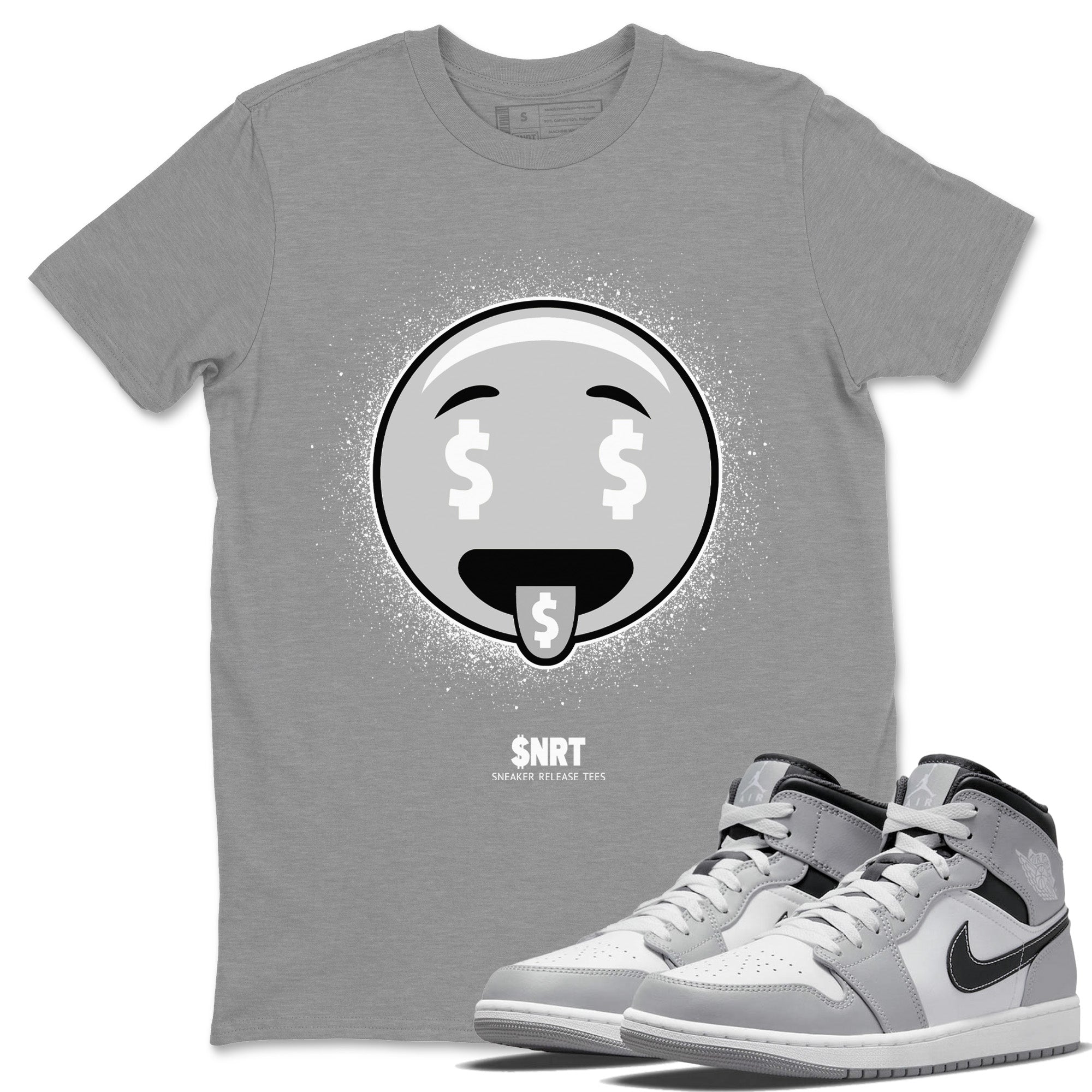 Jordan 1 Light Smoke Grey Sneaker Matching T-Shirt Rich Emoji Sneaker Tees Jordan 1 Light Smoke Grey Sneaker Release Tees Crew Neck Tees