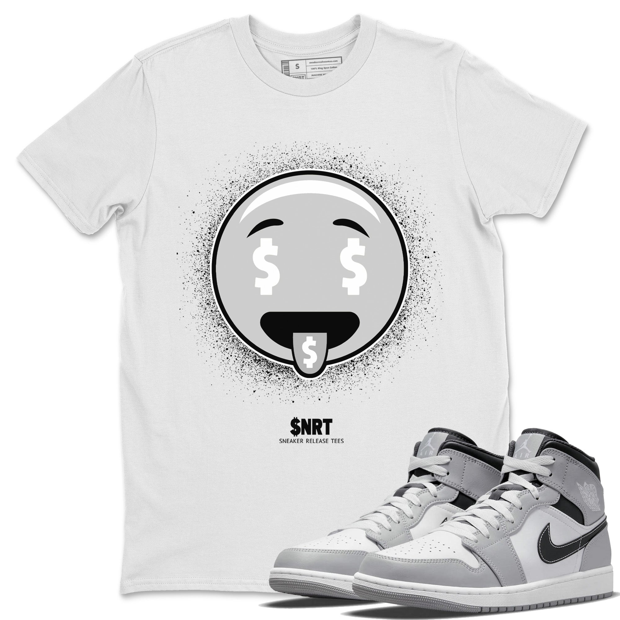 Jordan 1 Light Smoke Grey Sneaker Matching T-Shirt Rich Emoji Sneaker Tees Jordan 1 Light Smoke Grey Sneaker Release Tees Crew Neck Tees