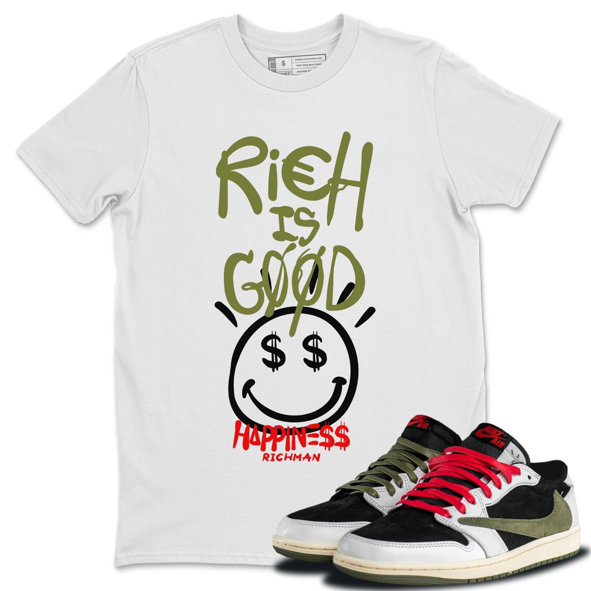 Jordan 1 Travis Scott Olive Shirt To Match Jordans Rich Is Good Sneaker Tees Jordan 1 Travis Scott Olive Drip Gear Zone Sneaker Matching Clothing Unisex Shirts