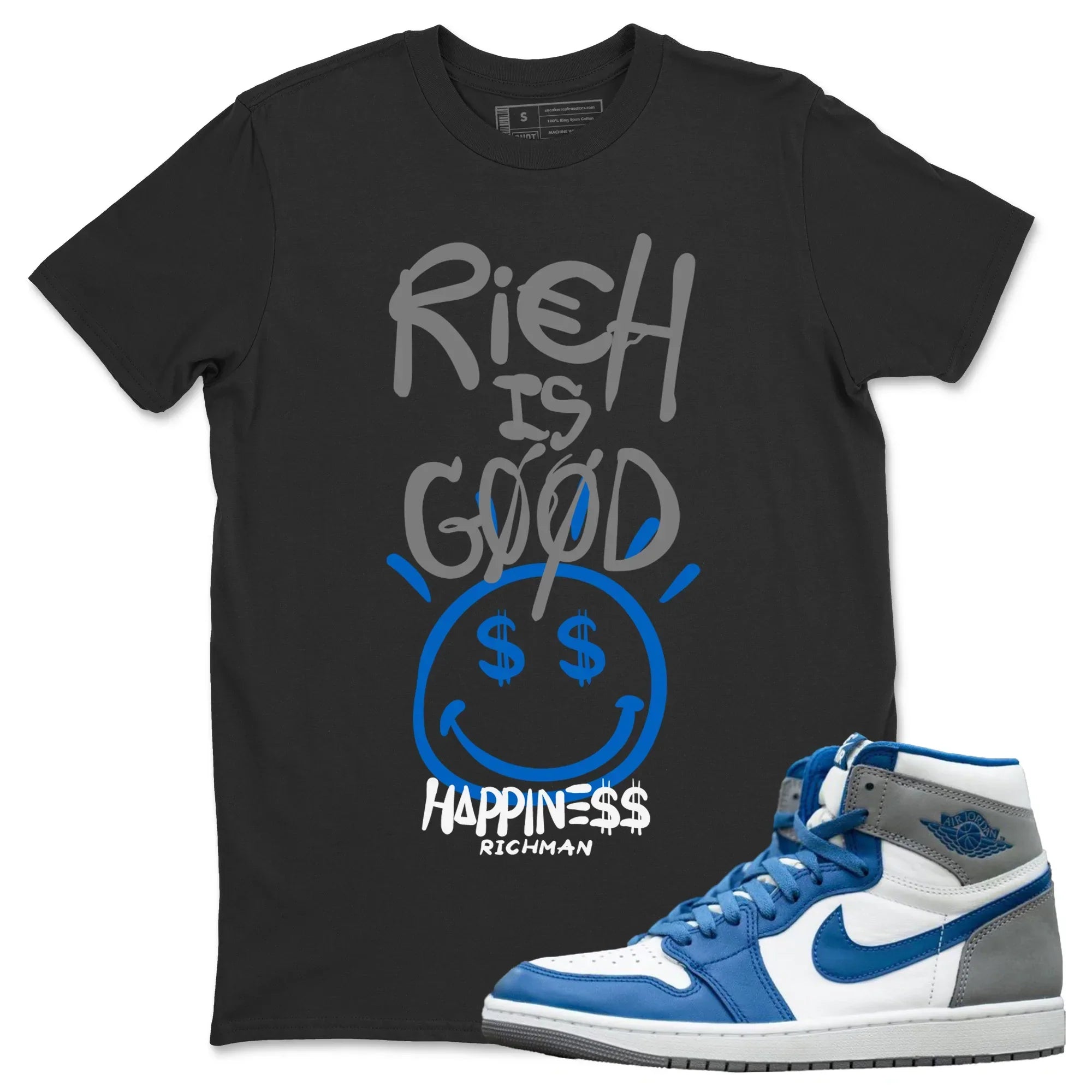 Jordan 1 True Blue Sneaker Matching T-Shirt Rich Is Good Sneaker Tees Jordan 1 True Blue Sneaker Release Tees Crew Neck Tees