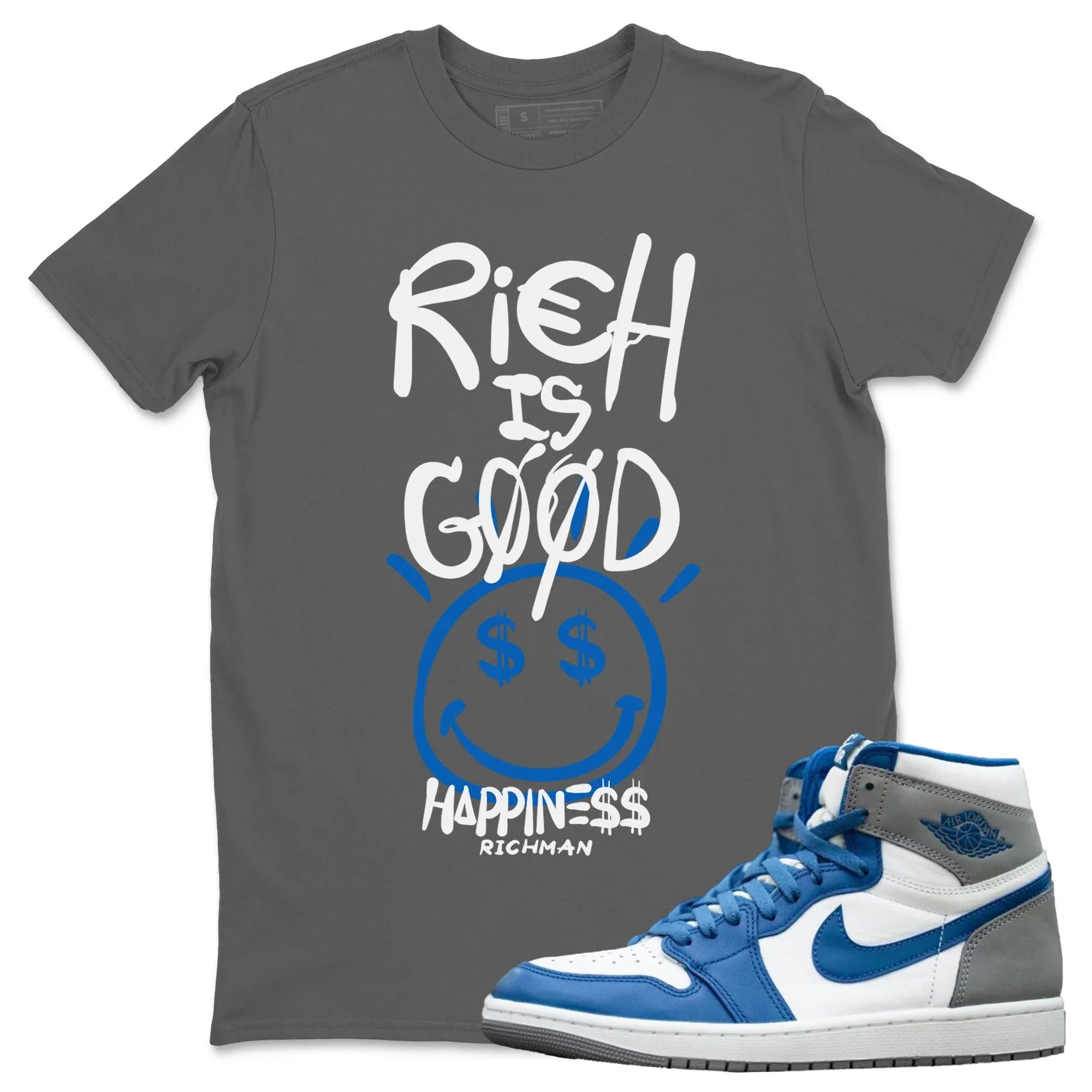 Jordan 1 True Blue Sneaker Matching T-Shirt Rich Is Good Sneaker Tees Jordan 1 True Blue Sneaker Release Tees Crew Neck Tees