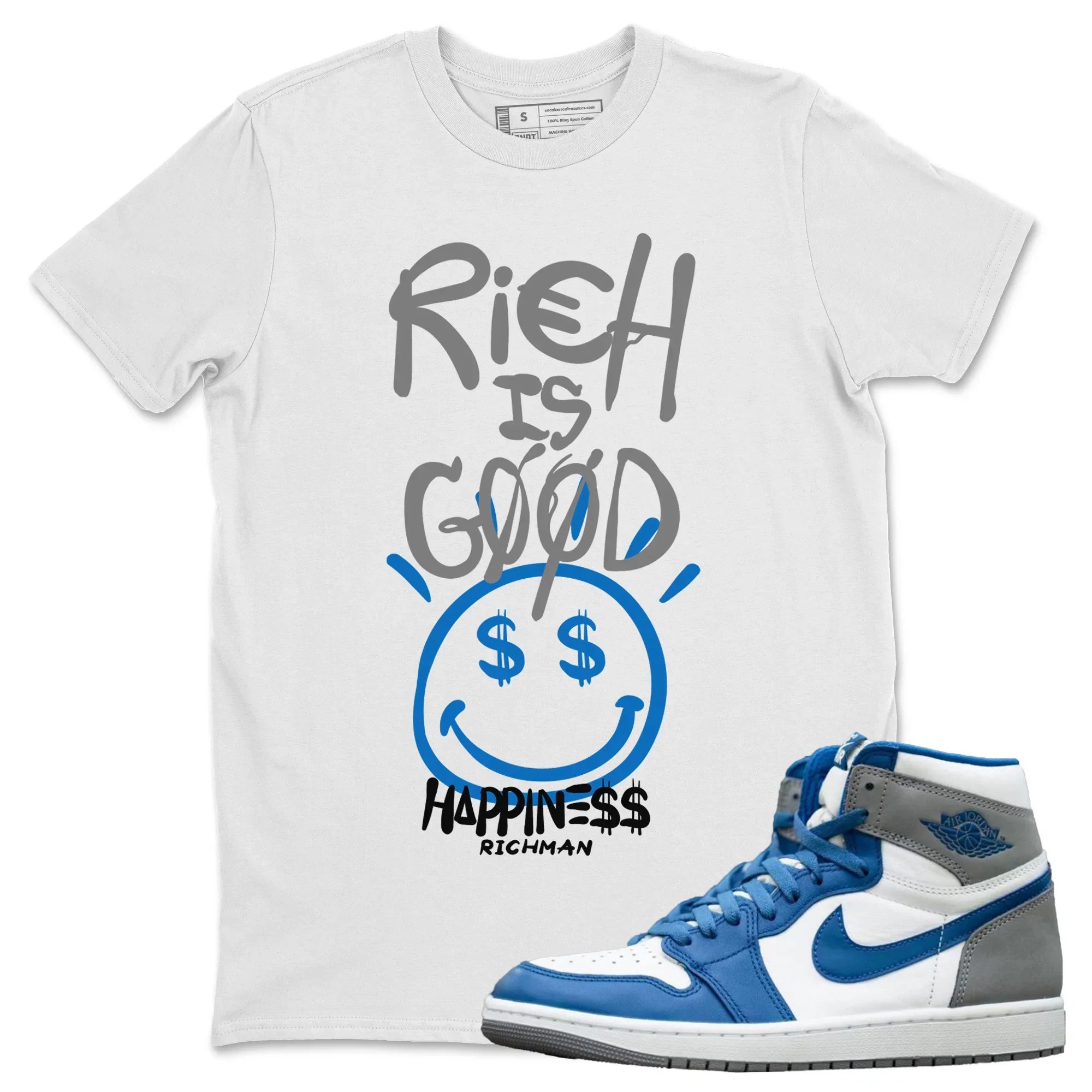Jordan 1 True Blue Sneaker Matching T-Shirt Rich Is Good Sneaker Tees Jordan 1 True Blue Sneaker Release Tees Crew Neck Tees