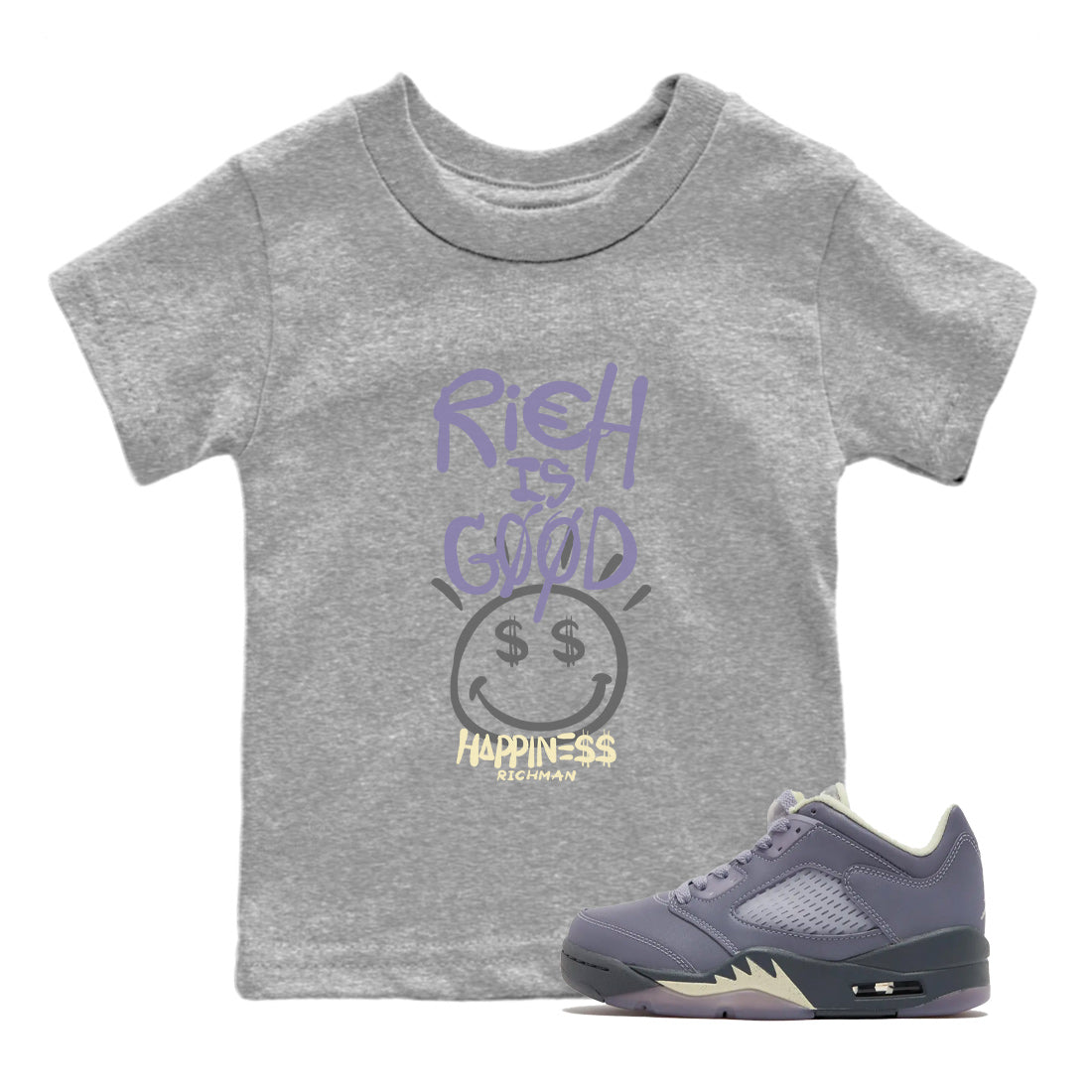 Air Jordan 5 Indigo Haze Sneaker Match Tees Rich Is Good 5s Indigo Haze Tee Sneaker Release Tees Kids Shirts Heather Grey 1