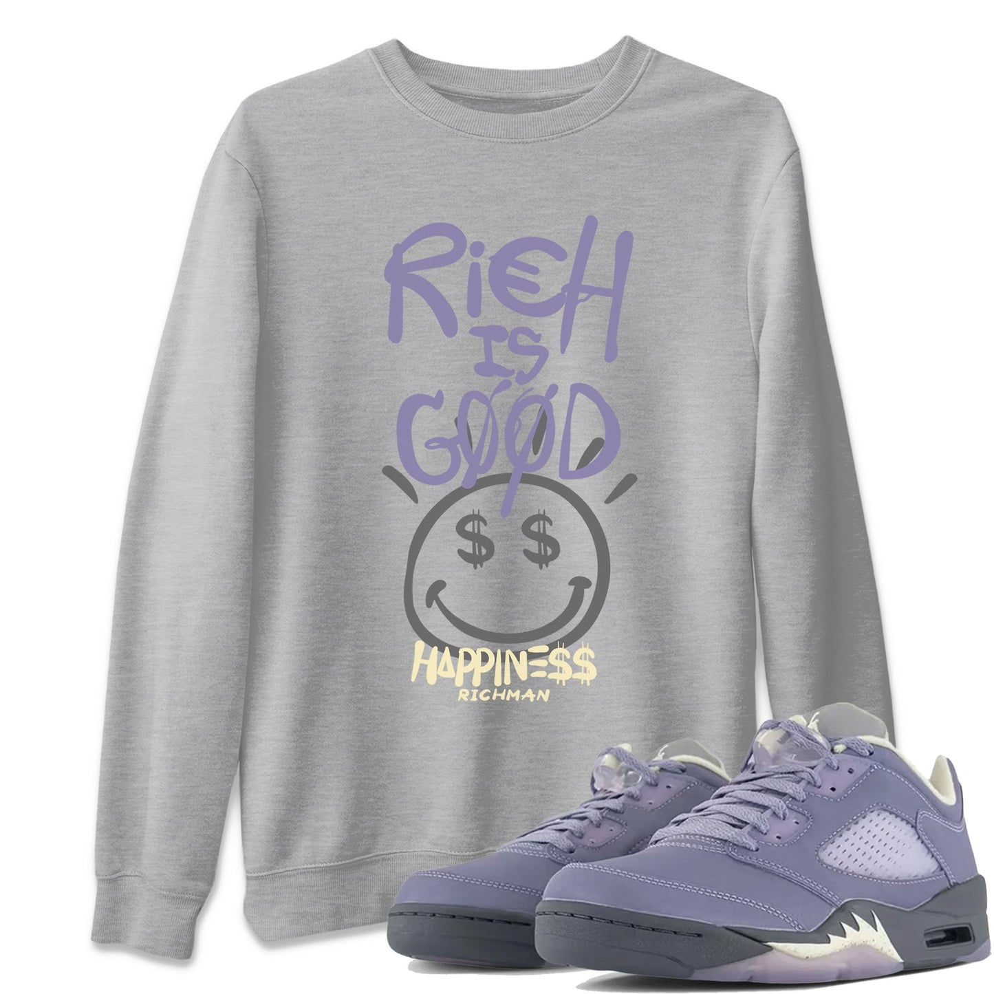 Air Jordan 5 Indigo Haze Sneaker Match Tees Rich Is Good 5s Indigo Haze Tee Sneaker Release Tees Unisex Shirts Heather Grey 1