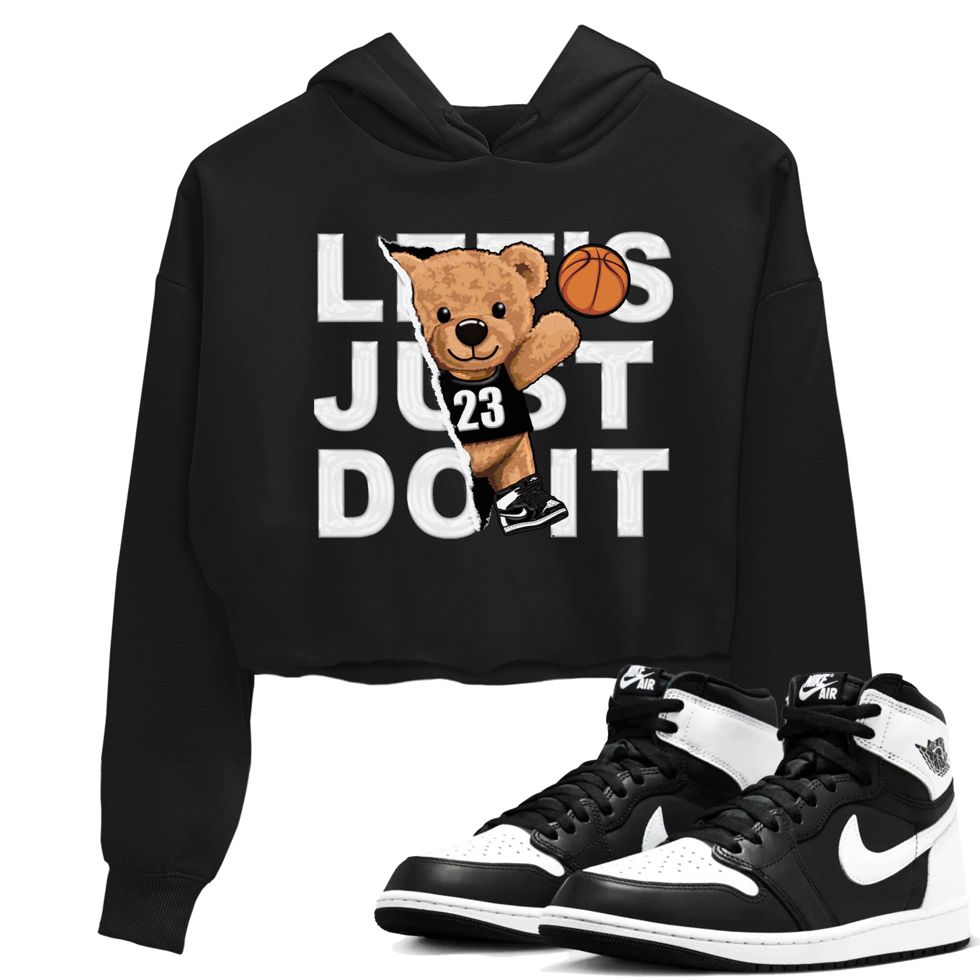 1s Black White shirt to match jordans Rip Out Bear sneaker tees Air Jordan 1 Black White Drip Gear Zone Black 1 crop length shirt