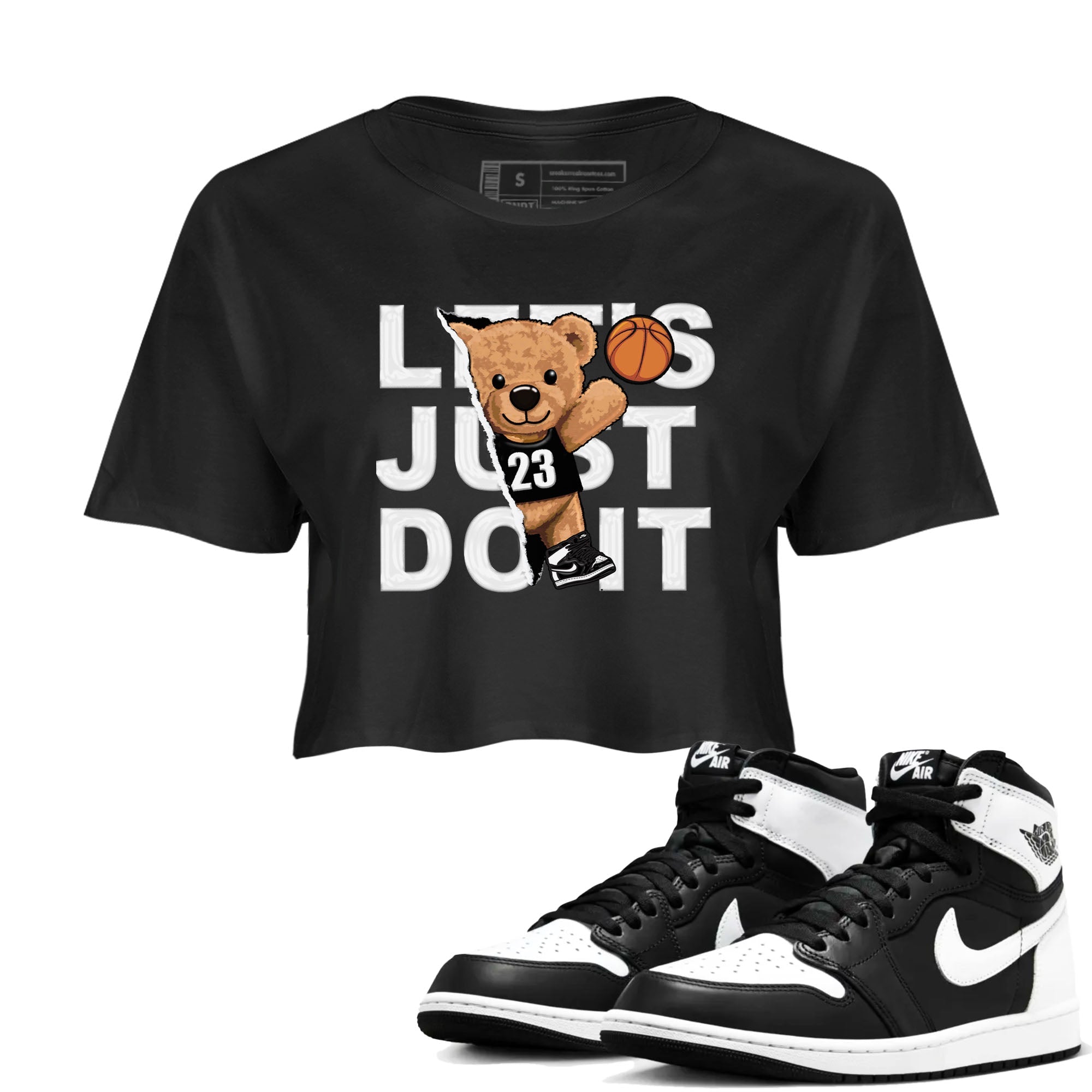 1s Black White shirt to match jordans Rip Out Bear sneaker tees Air Jordan 1 Black White Drip Gear Zone Black 1 crop length shirt