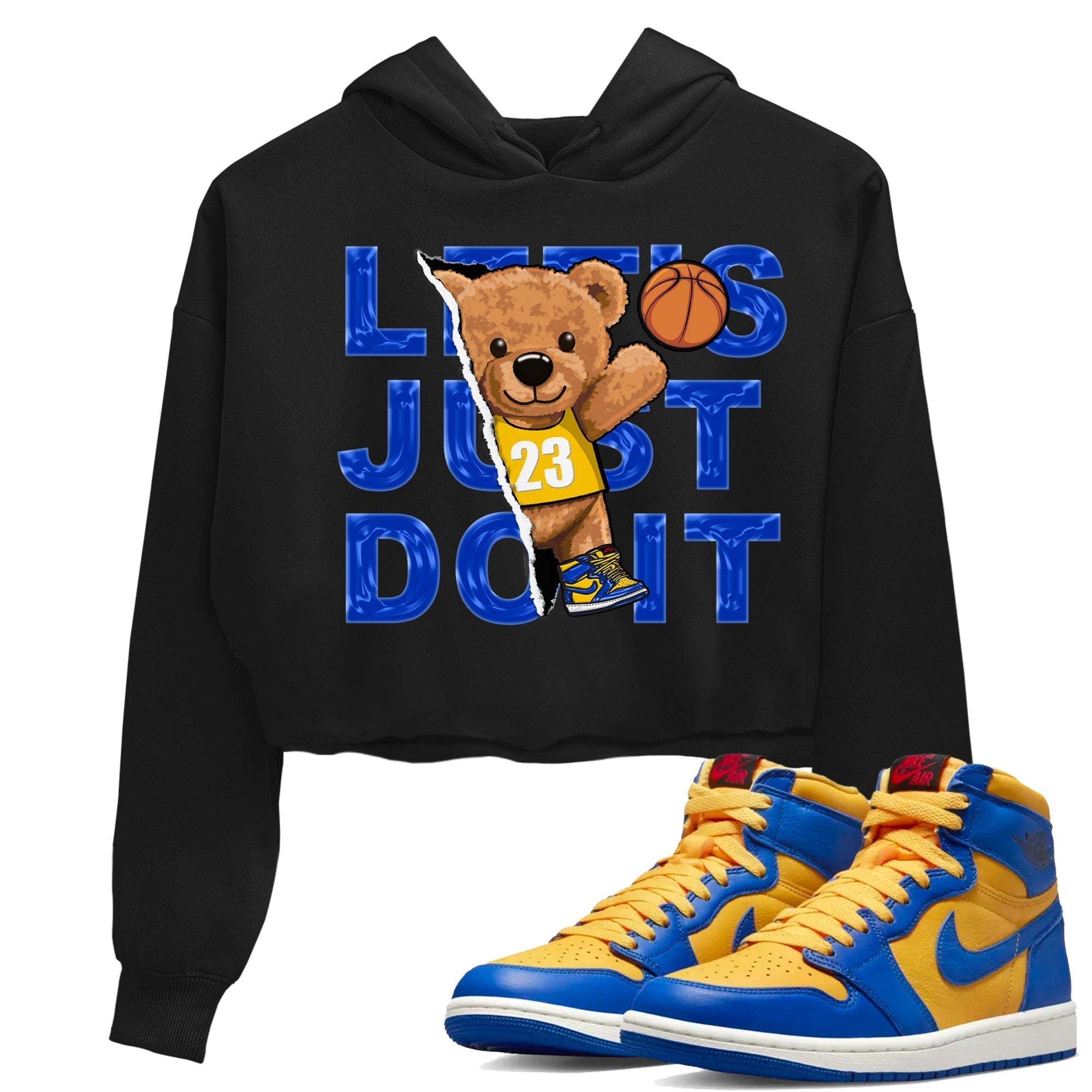 Jordan 1 Game Royal and Varsity Maize Sneaker Matching T-Shirt Rip Out Bear Sneaker Tees Jordan 1 Game Royal and Varsity Maize Sneaker Release Tees Women's Shirts
