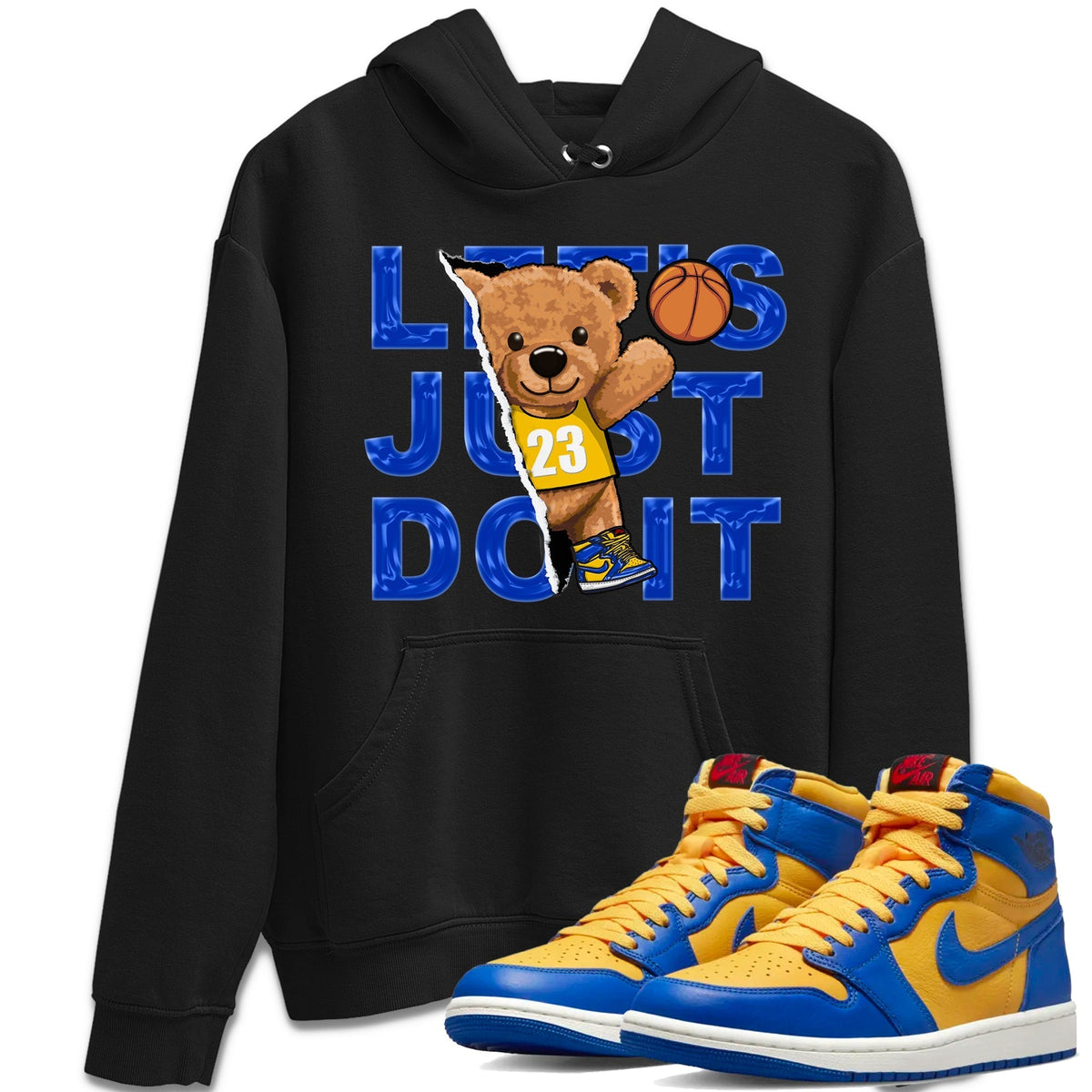Jordan 1 Game Royal and Varsity Maize Sneaker Matching T-Shirt Rip Out Bear Sneaker Tees Jordan 1 Game Royal and Varsity Maize Sneaker Release Tees Crew Neck Tees
