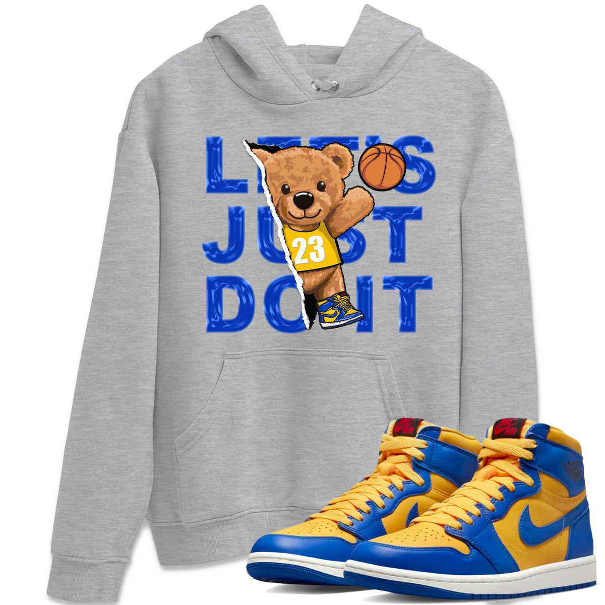 Jordan 1 Game Royal and Varsity Maize Sneaker Matching T-Shirt Rip Out Bear Sneaker Tees Jordan 1 Game Royal and Varsity Maize Sneaker Release Tees Crew Neck Tees