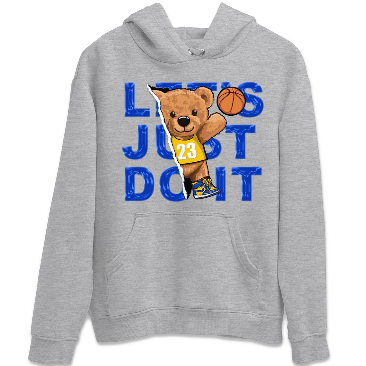 Jordan 1 Game Royal and Varsity Maize Sneaker Matching T-Shirt Rip Out Bear Sneaker Tees Jordan 1 Game Royal and Varsity Maize Sneaker Release Tees Crew Neck Tees