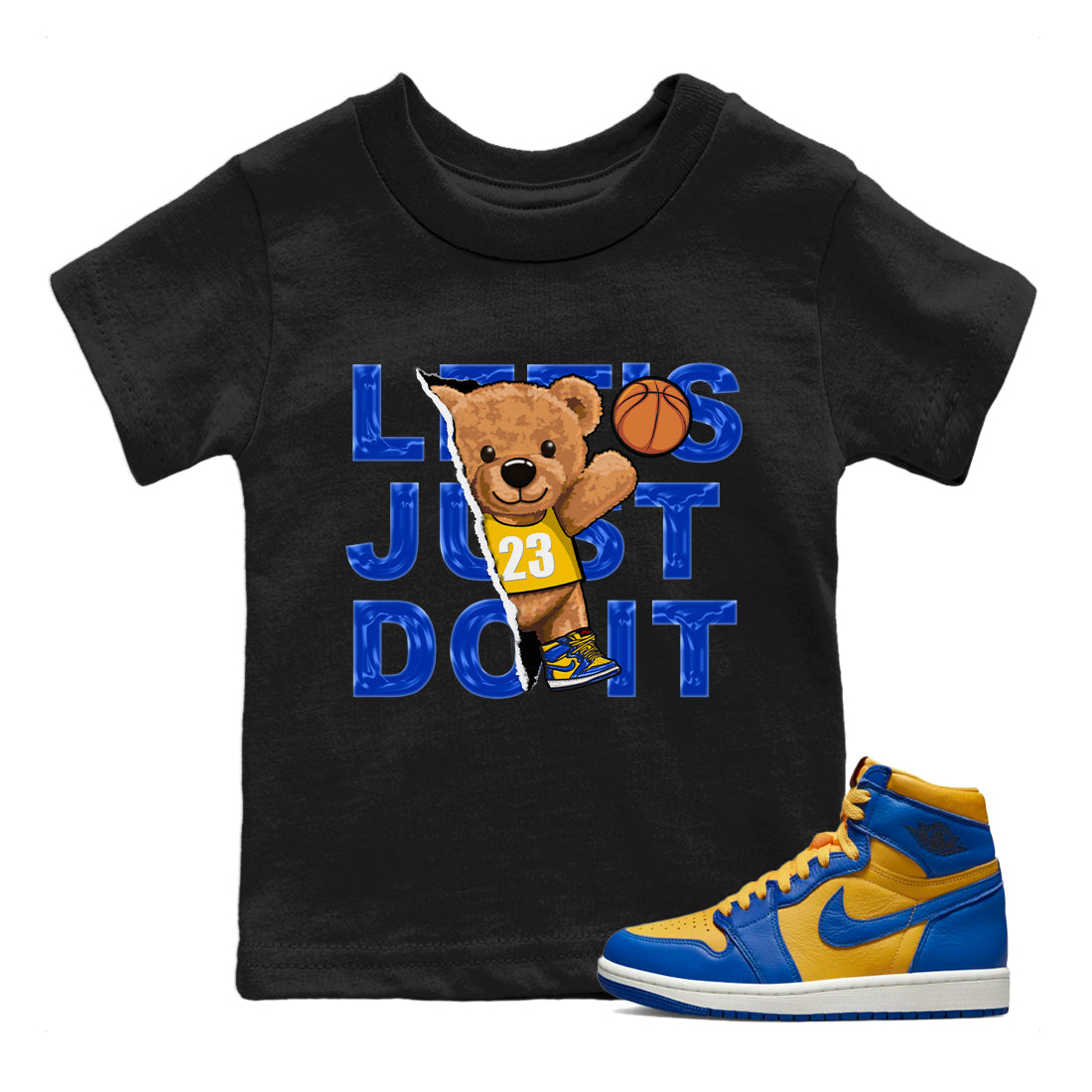 Jordan 1 Game Royal and Varsity Maize Sneaker Matching T-Shirt Rip Out Bear Sneaker Tees Jordan 1 Game Royal and Varsity Maize Sneaker Release Tees Kids Shirts