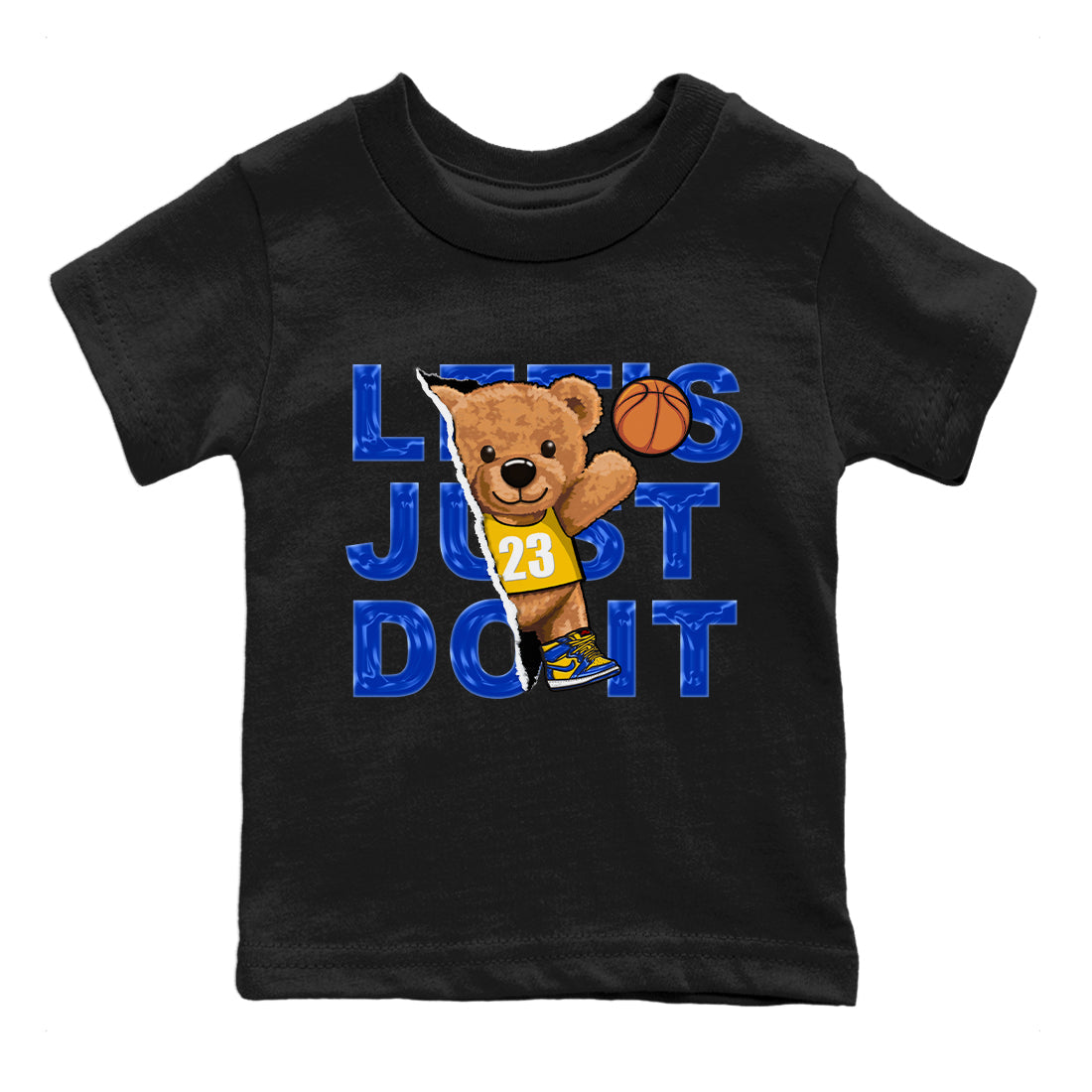 Jordan 1 Game Royal and Varsity Maize Sneaker Matching T-Shirt Rip Out Bear Sneaker Tees Jordan 1 Game Royal and Varsity Maize Sneaker Release Tees Kids Shirts