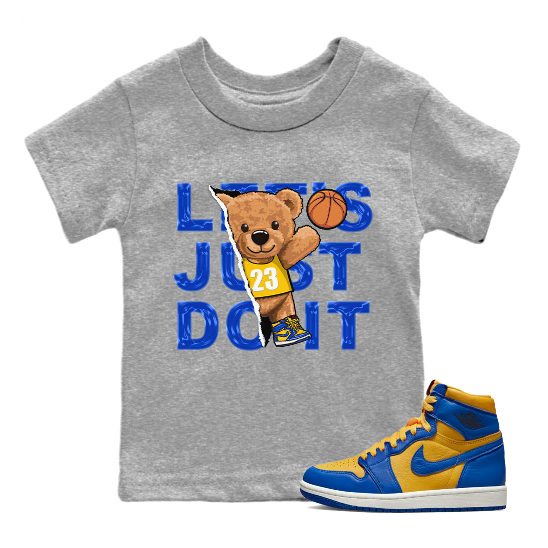 Jordan 1 Game Royal and Varsity Maize Sneaker Matching T-Shirt Rip Out Bear Sneaker Tees Jordan 1 Game Royal and Varsity Maize Sneaker Release Tees Kids Shirts