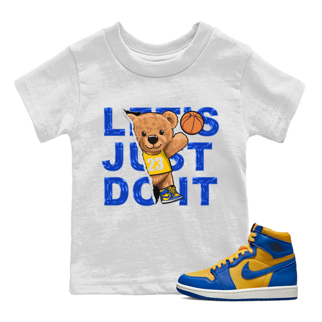 Jordan 1 Game Royal and Varsity Maize Sneaker Matching T-Shirt Rip Out Bear Sneaker Tees Jordan 1 Game Royal and Varsity Maize Sneaker Release Tees Kids Shirts
