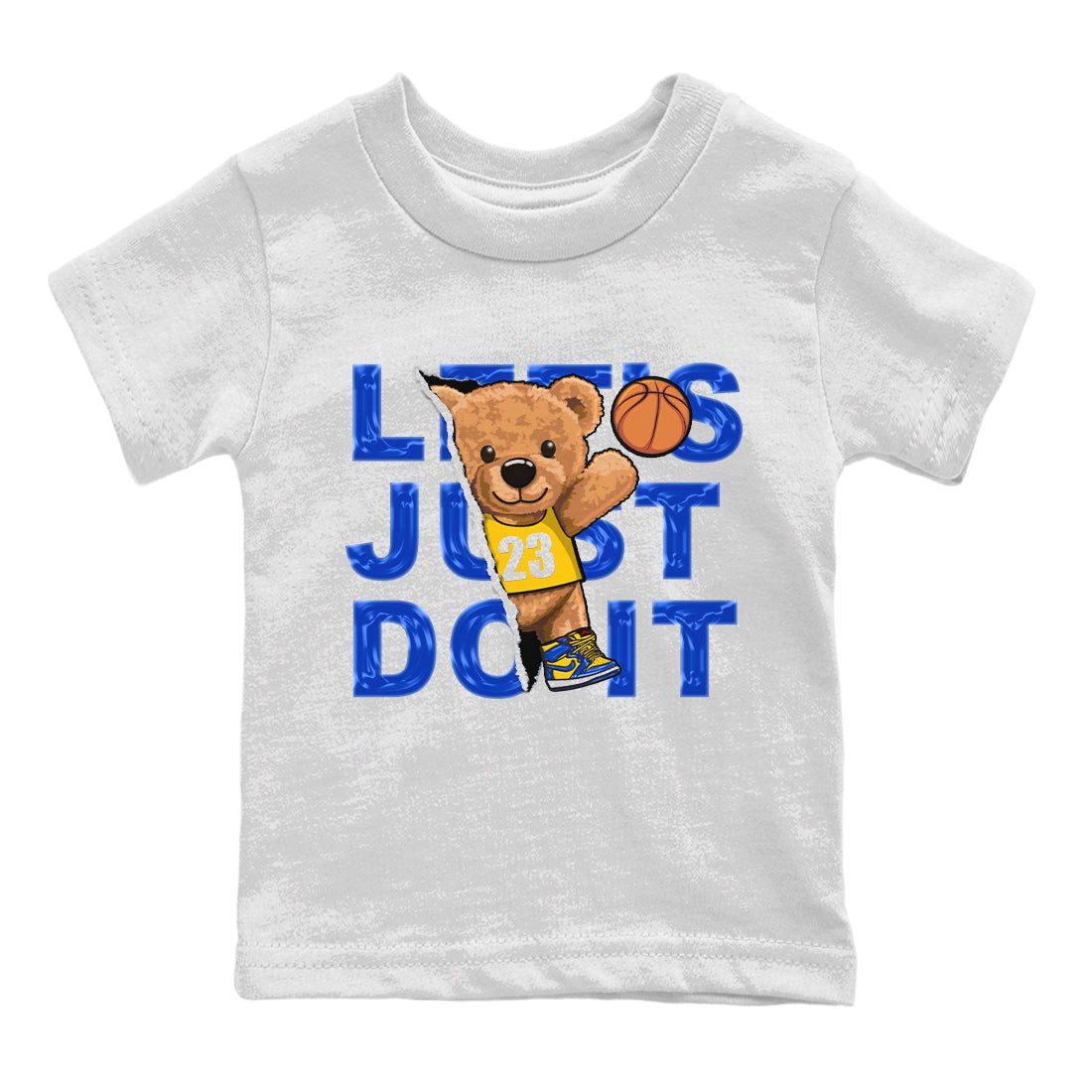 Jordan 1 Game Royal and Varsity Maize Sneaker Matching T-Shirt Rip Out Bear Sneaker Tees Jordan 1 Game Royal and Varsity Maize Sneaker Release Tees Kids Shirts