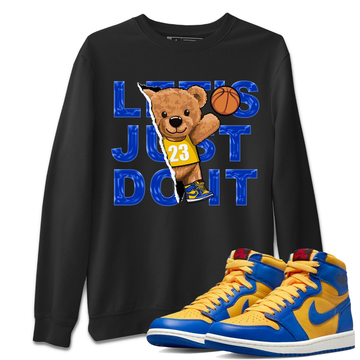 Jordan 1 Game Royal and Varsity Maize Sneaker Matching T-Shirt Rip Out Bear Sneaker Tees Jordan 1 Game Royal and Varsity Maize Sneaker Release Tees Crew Neck Tees