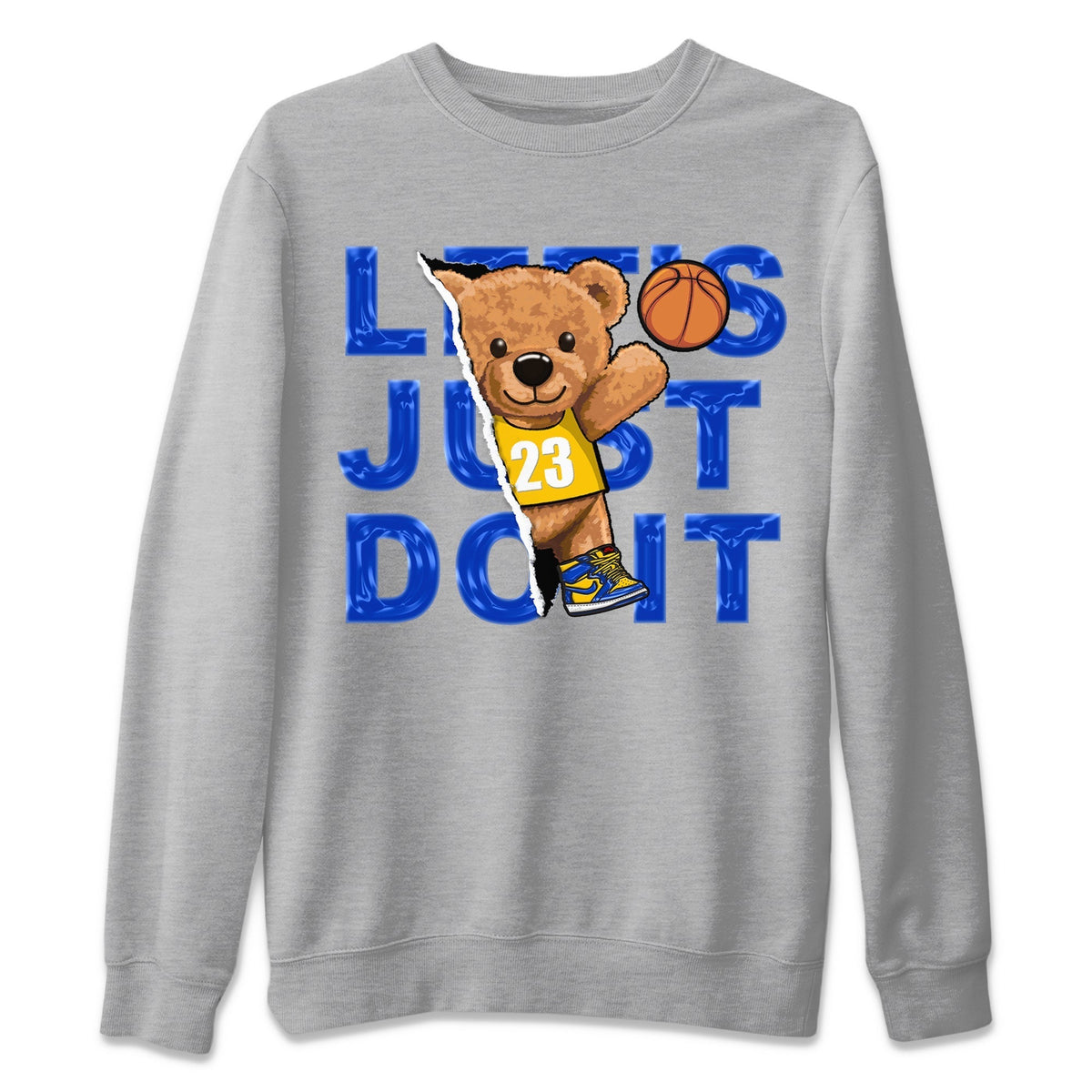 Jordan 1 Game Royal and Varsity Maize Sneaker Matching T-Shirt Rip Out Bear Sneaker Tees Jordan 1 Game Royal and Varsity Maize Sneaker Release Tees Crew Neck Tees