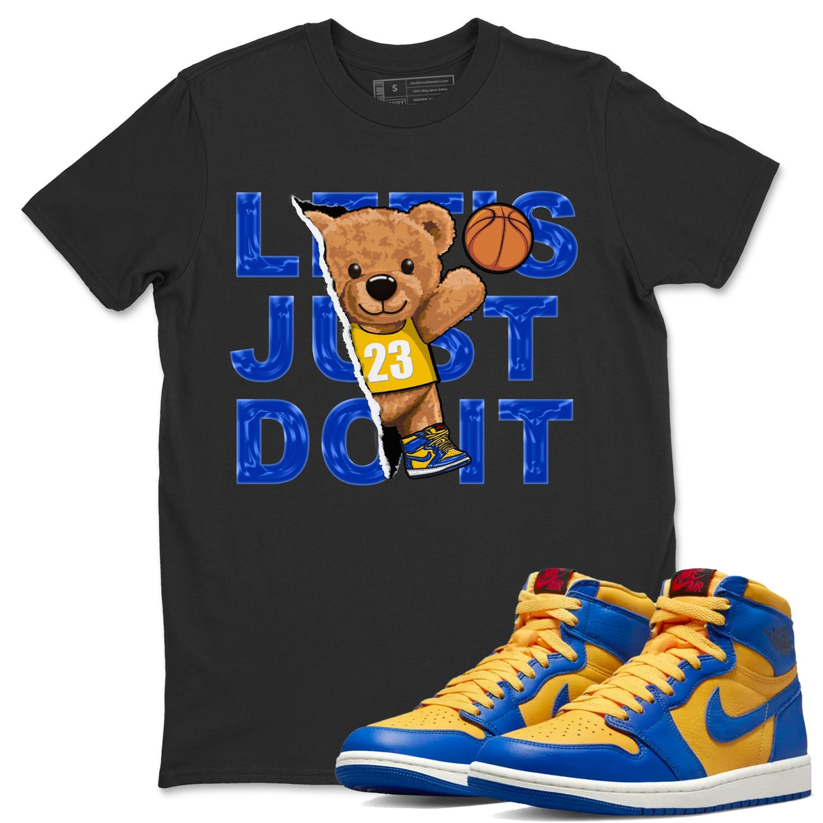 Jordan 1 Game Royal and Varsity Maize Sneaker Matching T-Shirt Rip Out Bear Sneaker Tees Jordan 1 Game Royal and Varsity Maize Sneaker Release Tees Crew Neck Tees