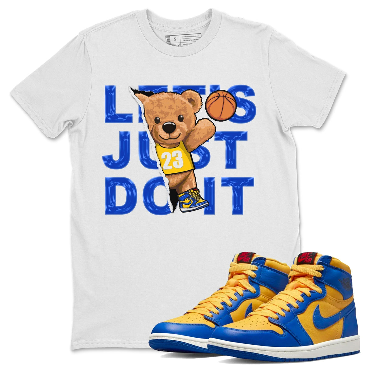 Jordan 1 Game Royal and Varsity Maize Sneaker Matching T-Shirt Rip Out Bear Sneaker Tees Jordan 1 Game Royal and Varsity Maize Sneaker Release Tees Crew Neck Tees