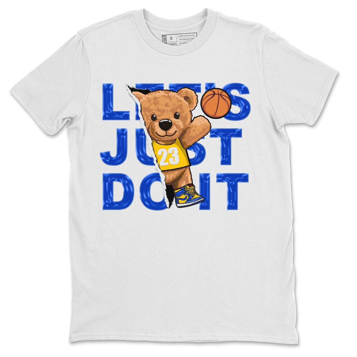 Jordan 1 Game Royal and Varsity Maize Sneaker Matching T-Shirt Rip Out Bear Sneaker Tees Jordan 1 Game Royal and Varsity Maize Sneaker Release Tees Crew Neck Tees