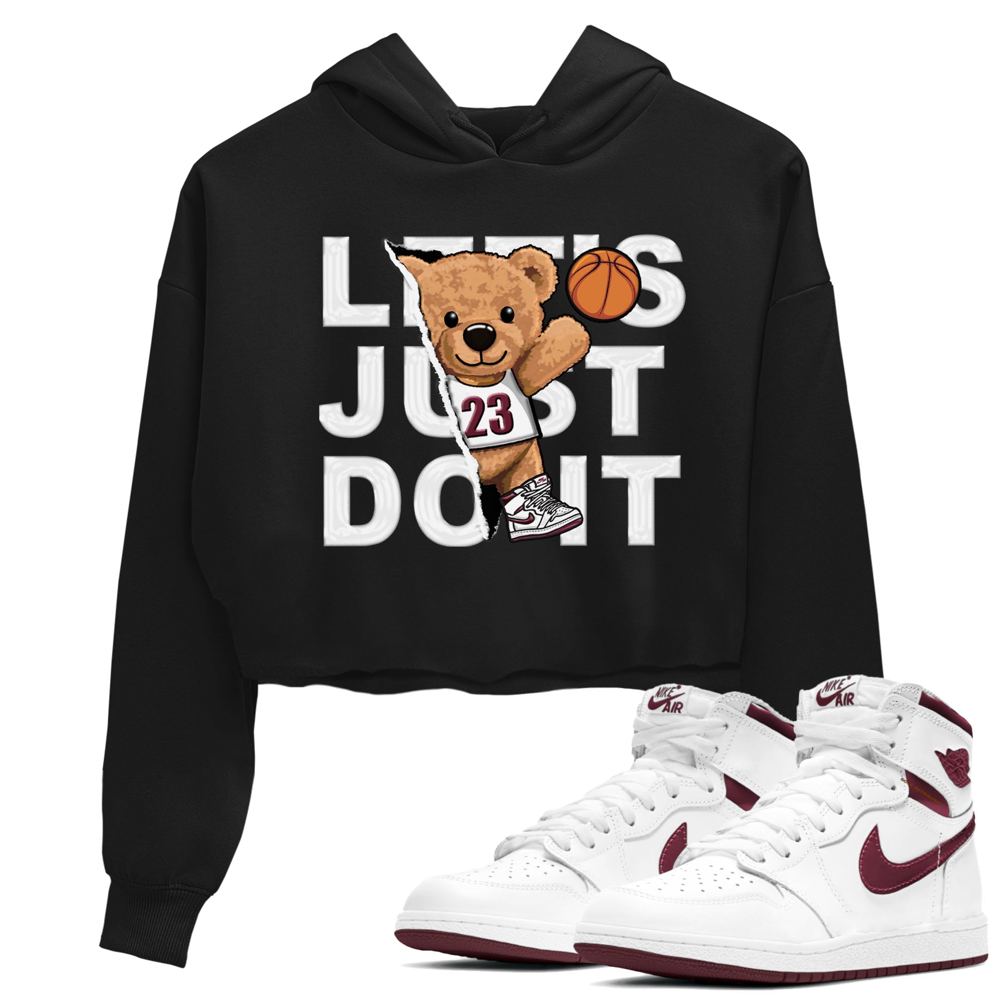 AJ1 Metalic Burgundy shirt to match jordans Rip Out Bear sneaker tees Air Jordan 1 Metalic Burgundy Drip Gear Zone Black 1 crop length shirt