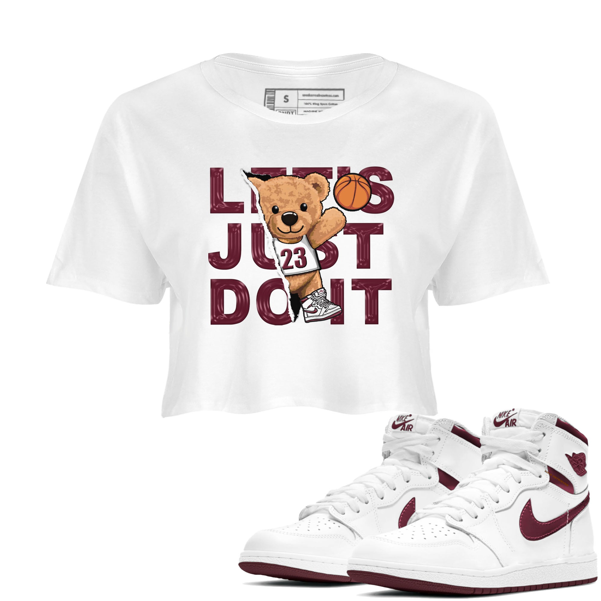 AJ1 Metalic Burgundy shirt to match jordans Rip Out Bear sneaker tees Air Jordan 1 Metalic Burgundy Drip Gear Zone White 1 crop length shirt