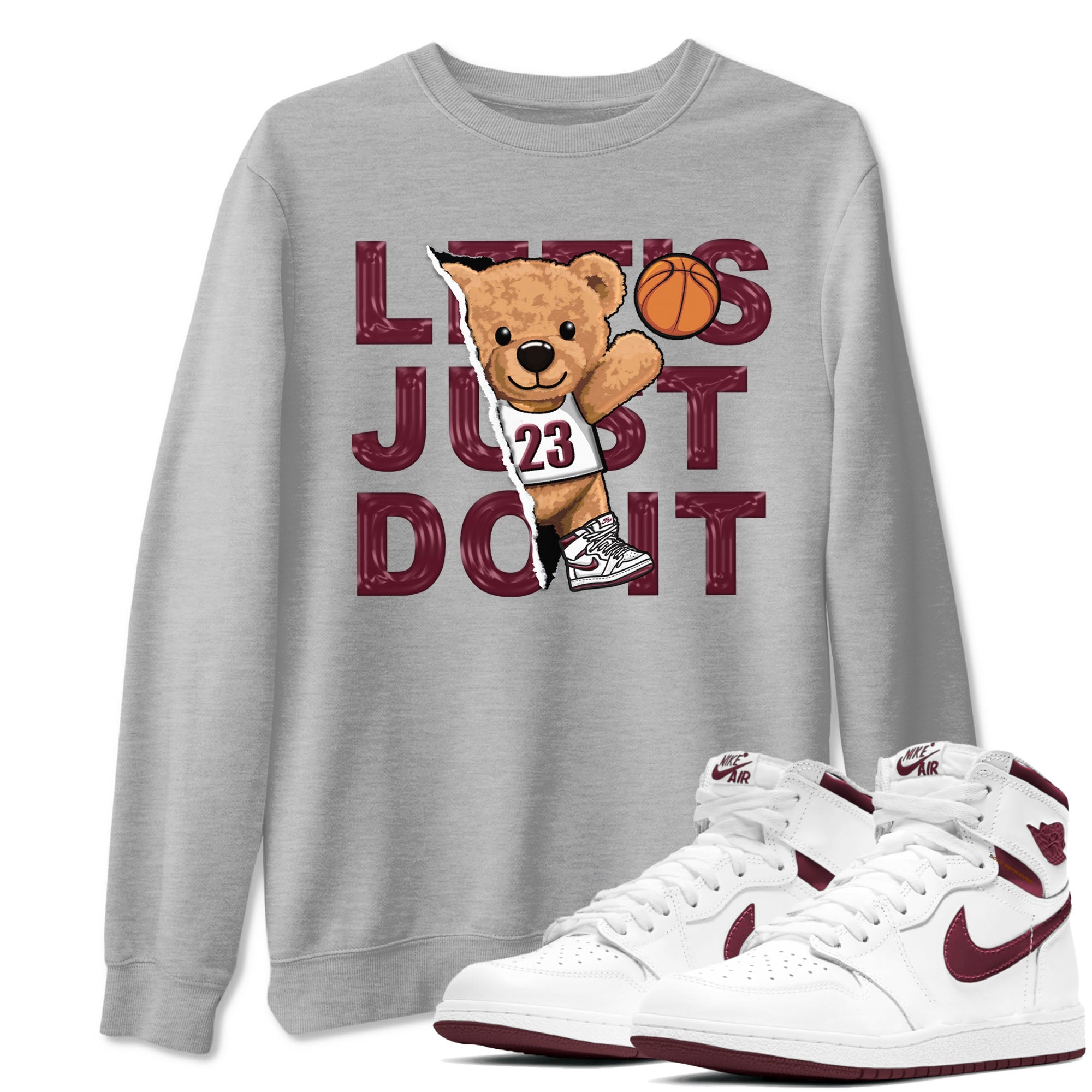 AJ1 Metalic Burgundy shirt to match jordans Rip Out Bear sneaker tees Air Jordan 1 Metalic Burgundy Drip Gear Zone unisex cotton Heather Grey 1 crew neck shirt