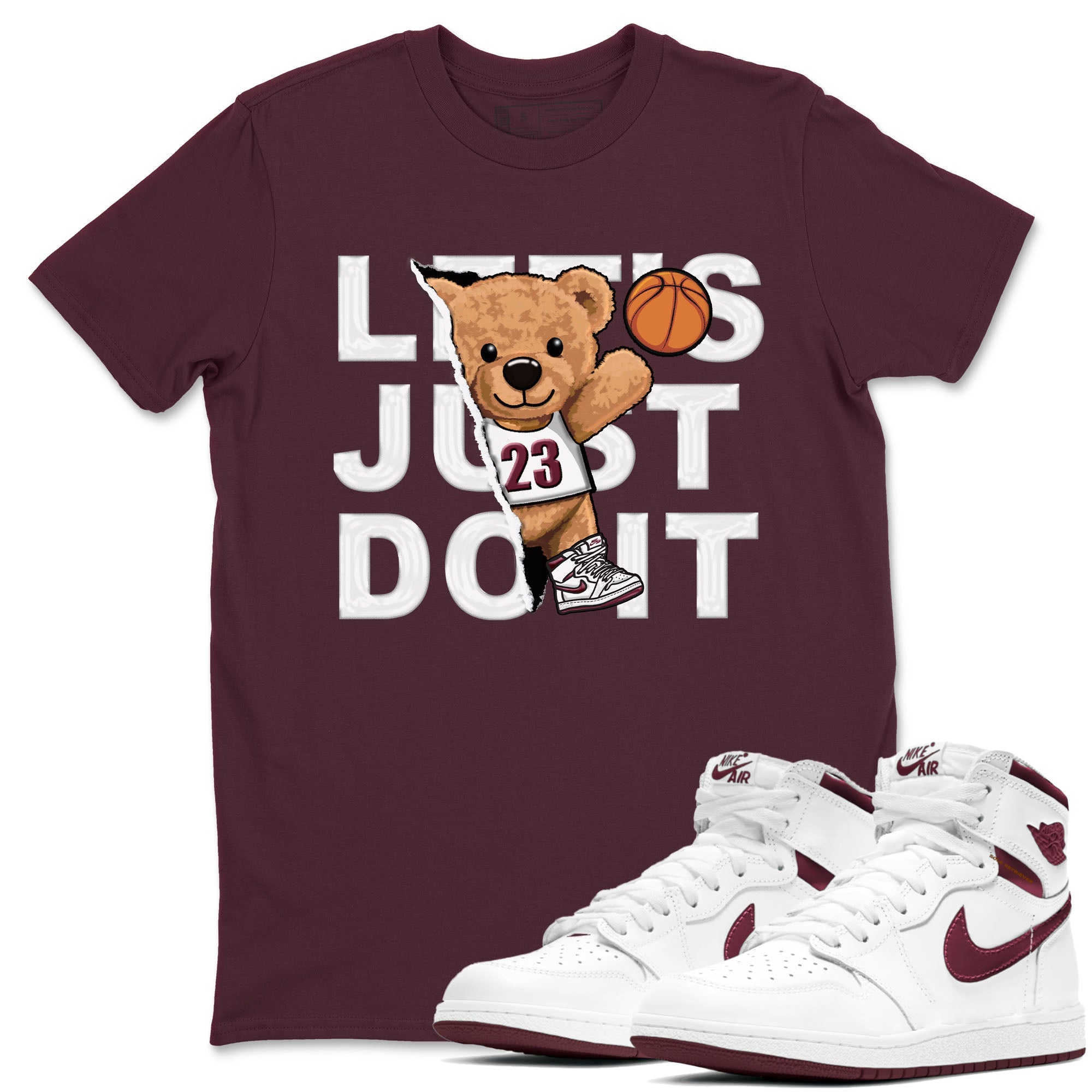 AJ1 Metalic Burgundy shirt to match jordans Rip Out Bear sneaker tees Air Jordan 1 Metalic Burgundy Drip Gear Zone unisex cotton Maroon 1 crew neck shirt