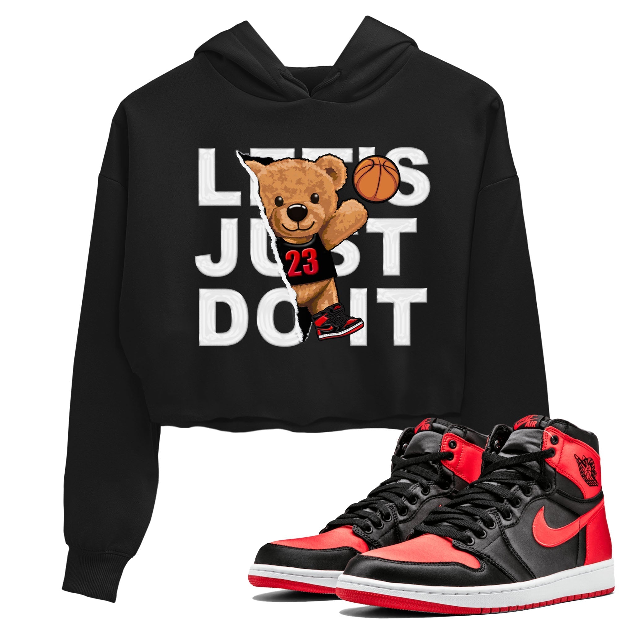 Air Jordan 1 Satin Bred shirt to match jordans Rip Out Bear sneaker tees AJ1 Retro Satin Bred Drip Gear Zone Sneaker Matching Clothing Brand Black 1 Crop T-Shirt