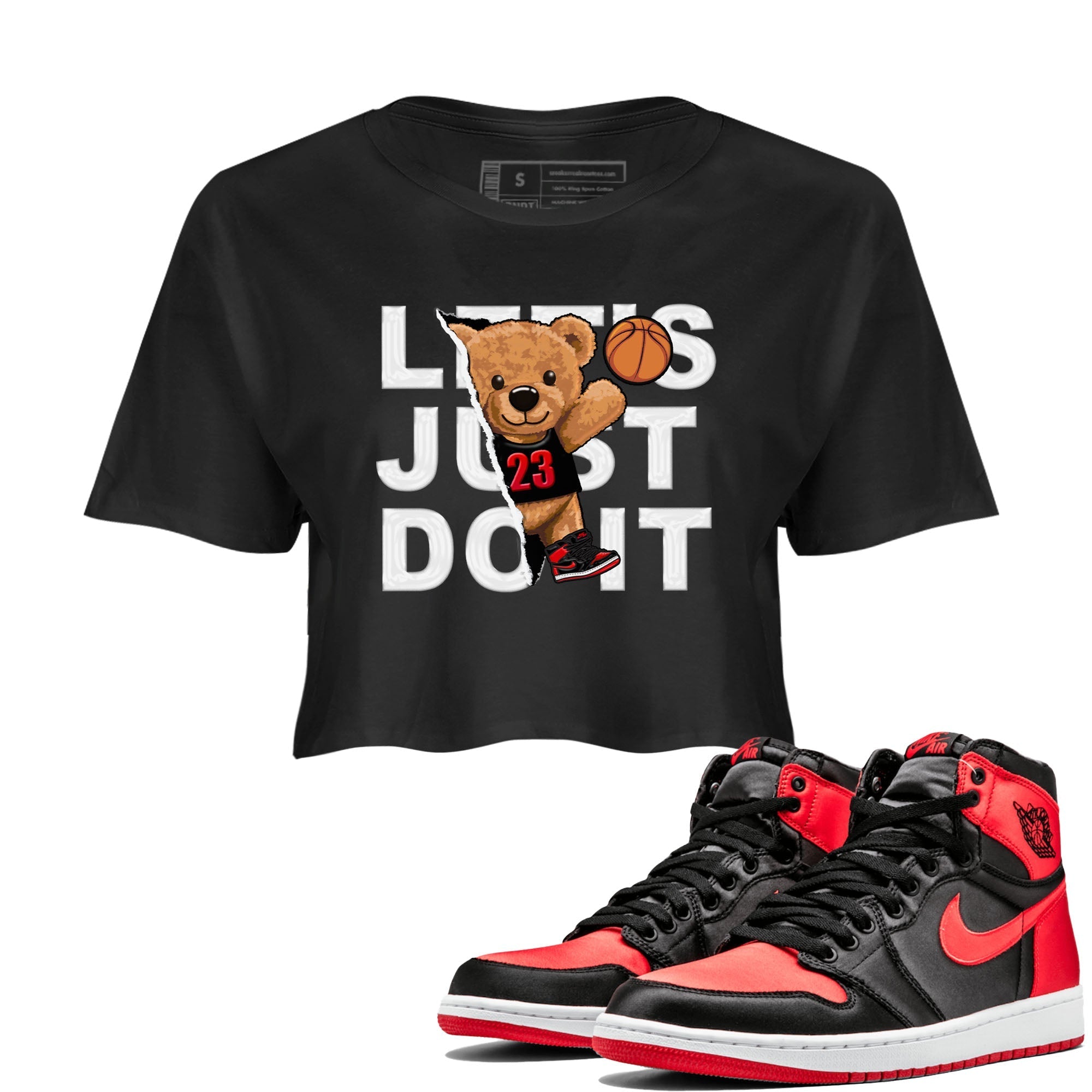 Air Jordan 1 Satin Bred shirt to match jordans Rip Out Bear sneaker tees AJ1 Retro Satin Bred Drip Gear Zone Sneaker Matching Clothing Brand Black 1 Crop T-Shirt