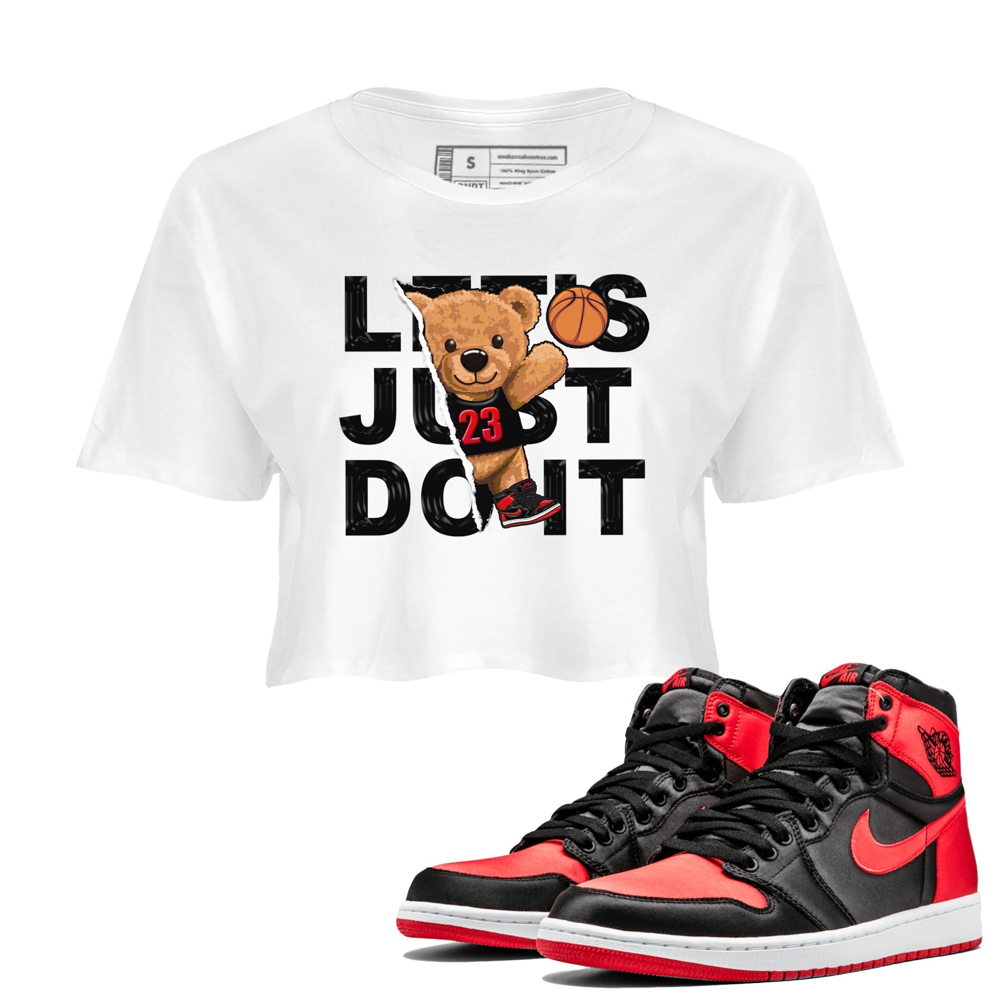 Air Jordan 1 Satin Bred shirt to match jordans Rip Out Bear sneaker tees AJ1 Retro Satin Bred Drip Gear Zone Sneaker Matching Clothing Brand White 1 Crop T-Shirt