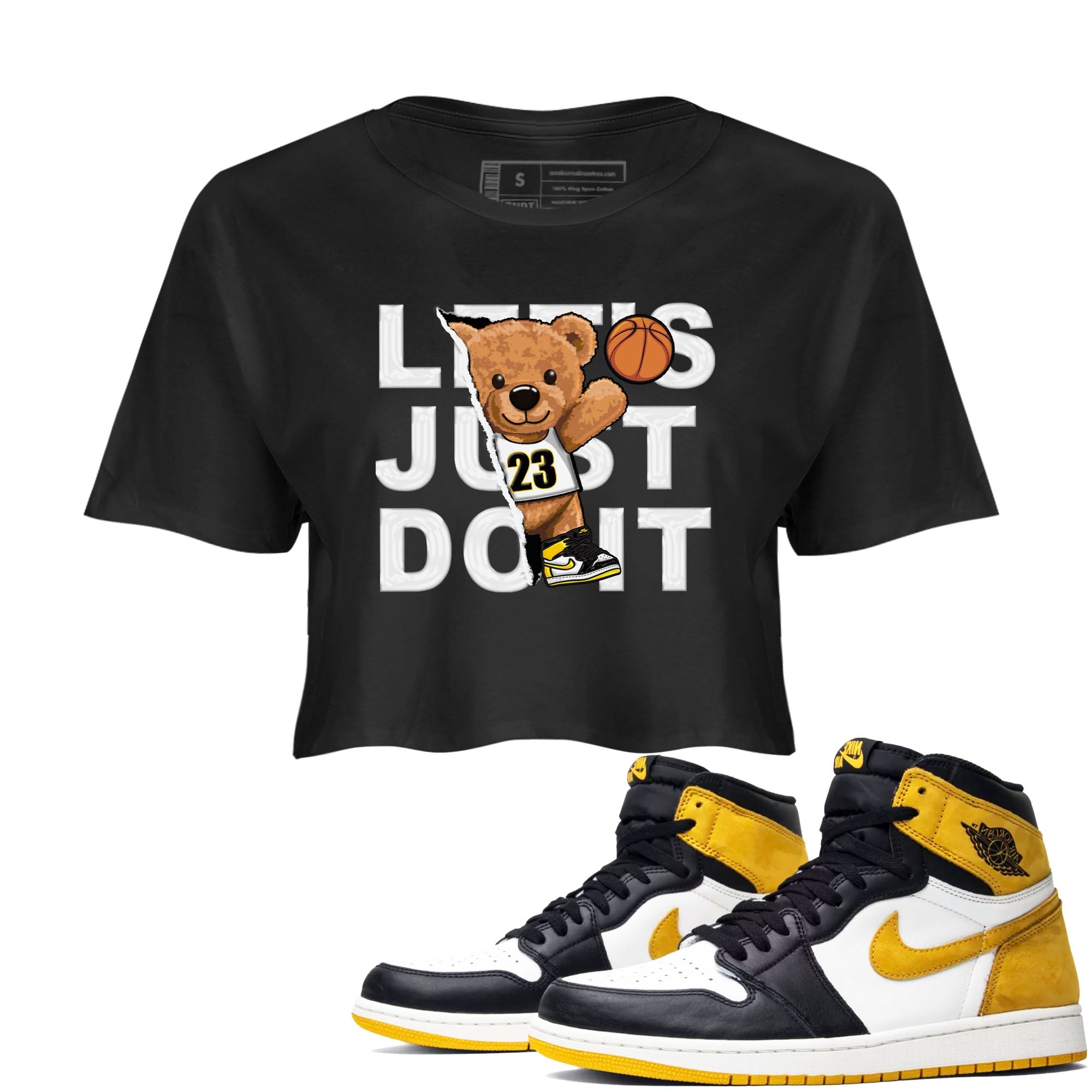 1s Yellow Ochre shirt to match jordans Rip Out Bear sneaker tees Air Jordan 1 High OG Yellow Ochre Drip Gear Zone Black 1 crop length shirt