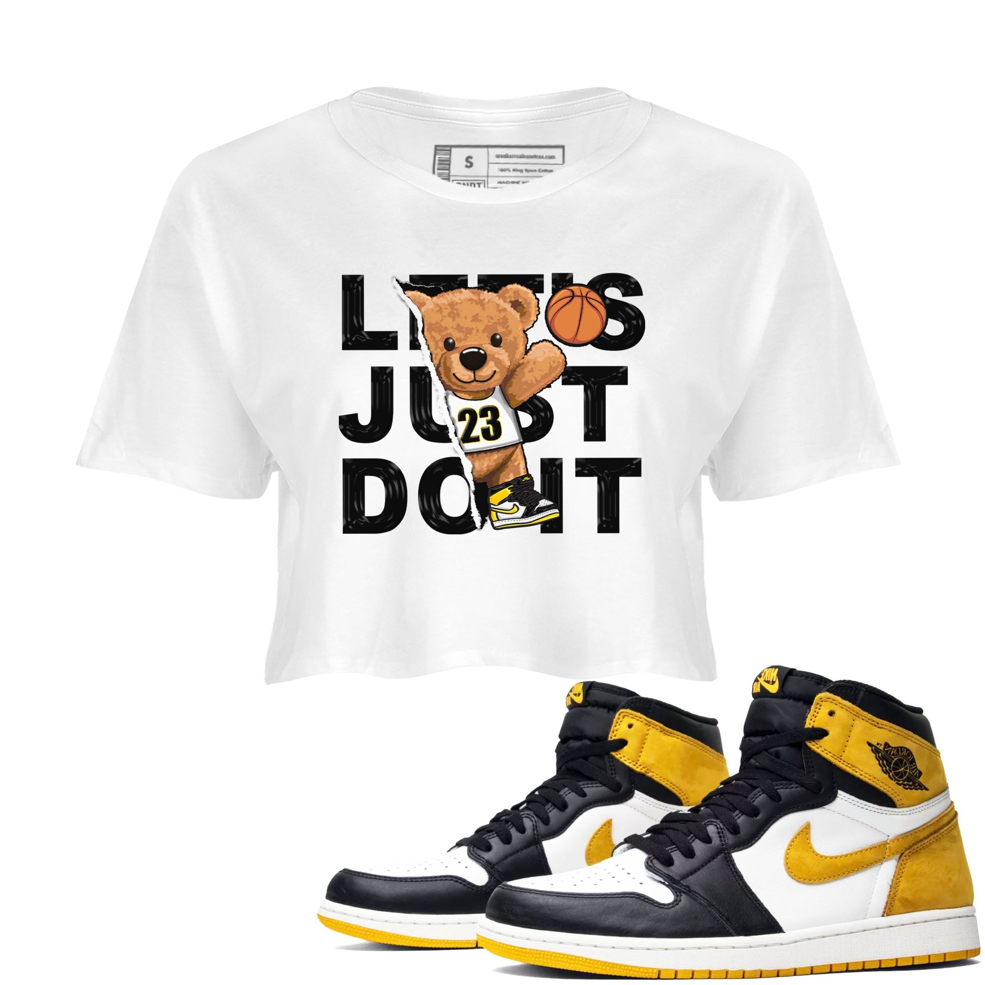 1s Yellow Ochre shirt to match jordans Rip Out Bear sneaker tees Air Jordan 1 High OG Yellow Ochre Drip Gear Zone White 1 crop length shirt
