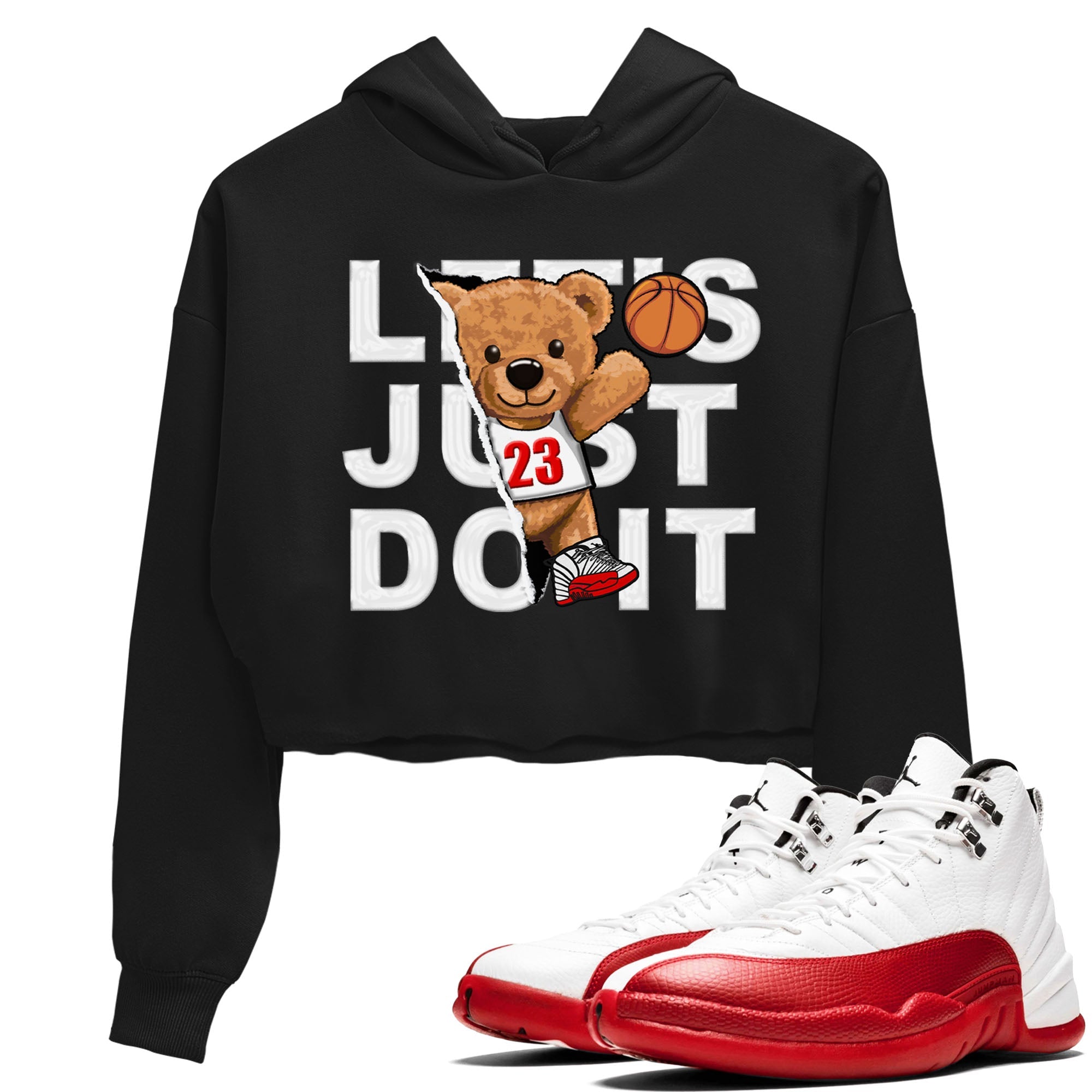 Jordan 12 Retro Cherry shirt to match jordans Varsity Red Rip Out Bear special sneaker matching tees 12s Cherry Drip Gear Zone Black 1 Crop T-Shirt