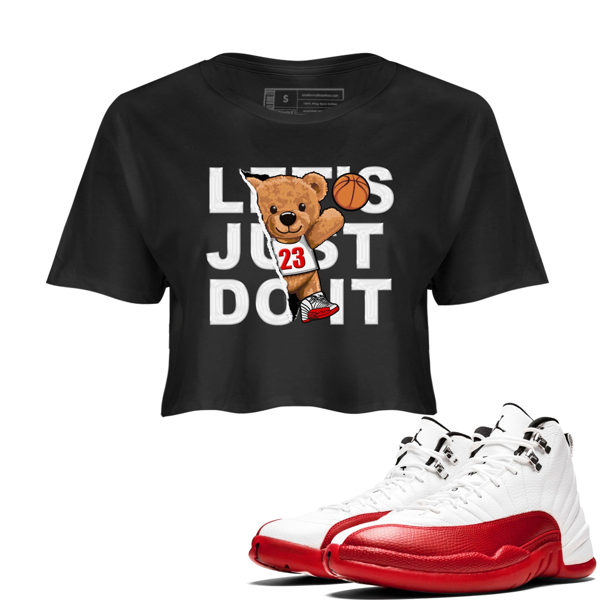 Jordan 12 Retro Cherry shirt to match jordans Varsity Red Rip Out Bear special sneaker matching tees 12s Cherry Drip Gear Zone Black 1 Crop T-Shirt
