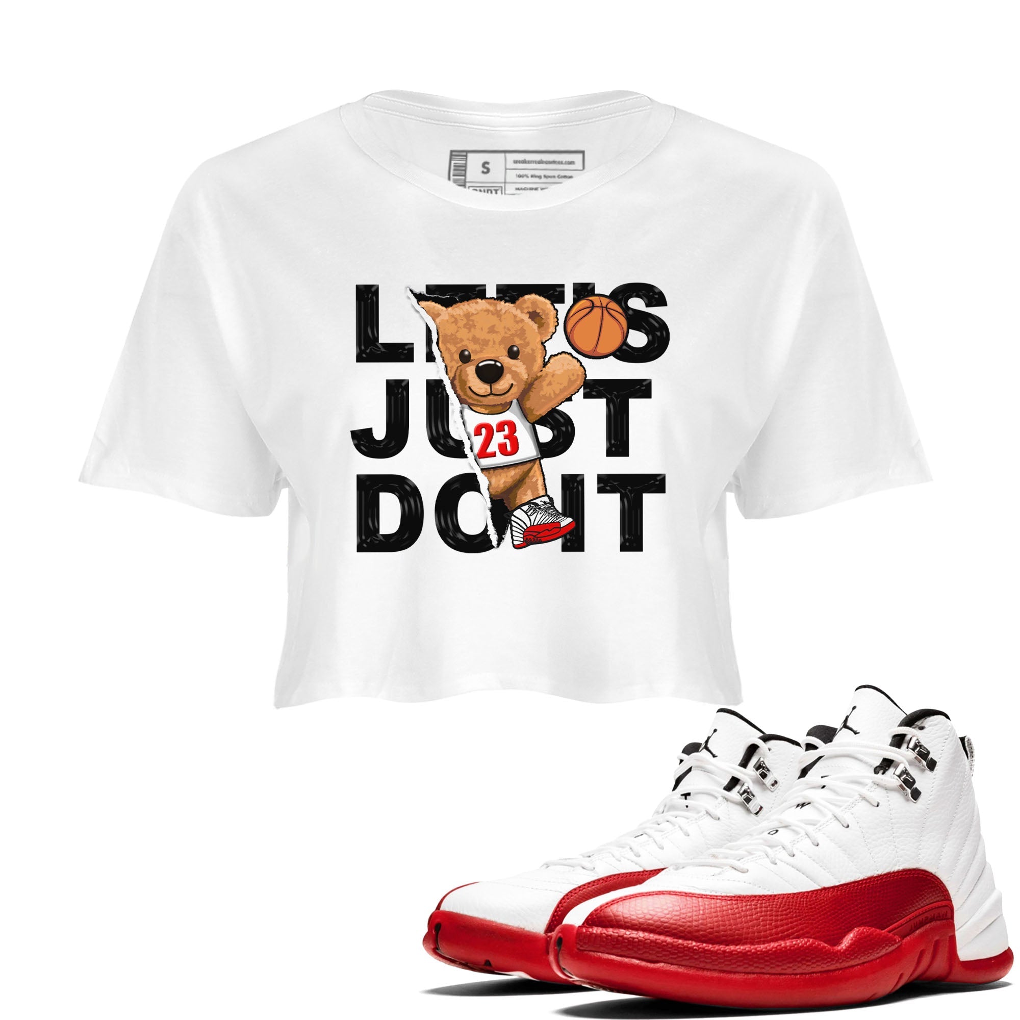 Jordan 12 Retro Cherry shirt to match jordans Varsity Red Rip Out Bear special sneaker matching tees 12s Cherry Drip Gear Zone White 1 Crop T-Shirt