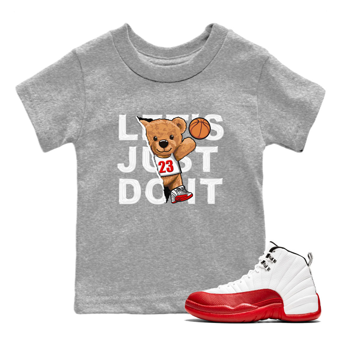 Jordan 12 Retro Cherry shirt to match jordans Varsity Red Rip Out Bear special sneaker matching tees 12s Cherry Drip Gear Zone Baby Toddler Heather Grey 1 T-Shirt