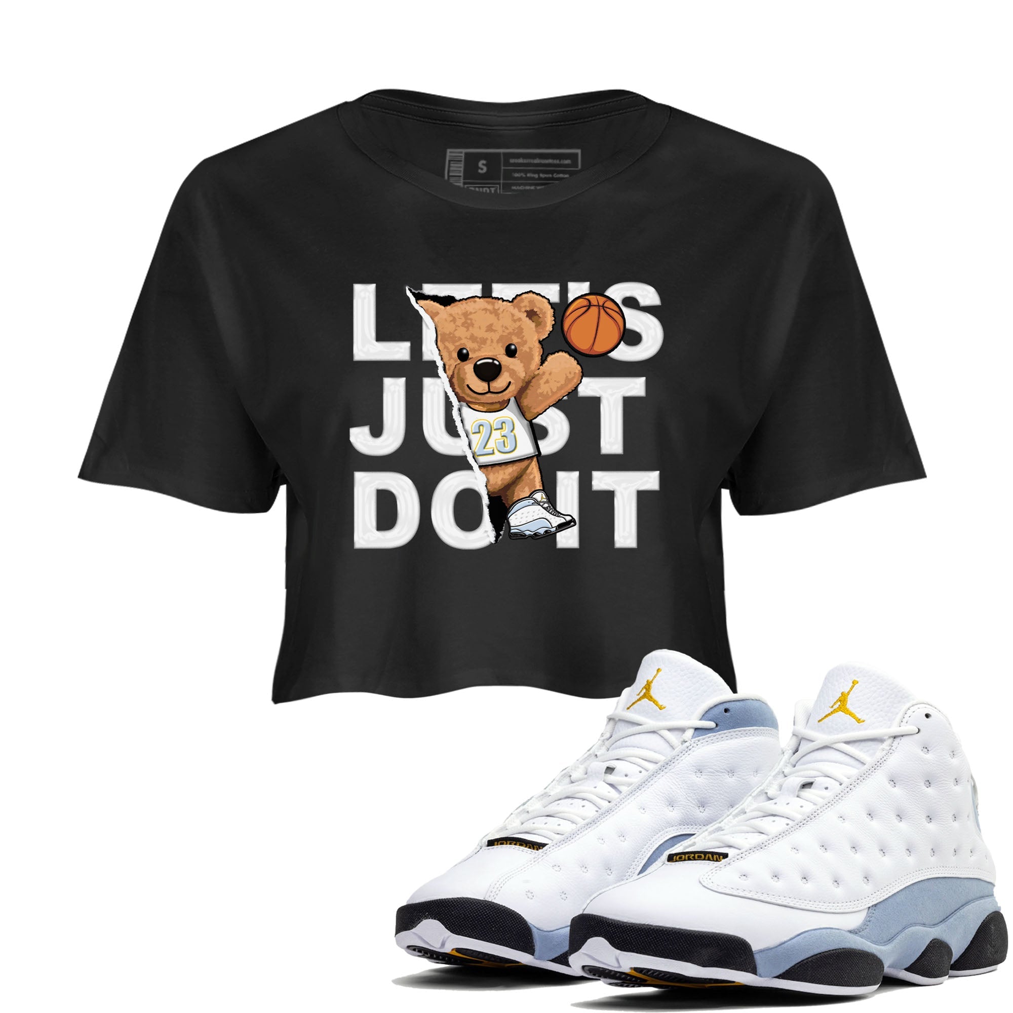 13s Blue Grey shirt to match jordans Rip Out Bear sneaker tees Air Jordan 13 Blue Grey Drip Gear Zone Black 1 crop length shirt