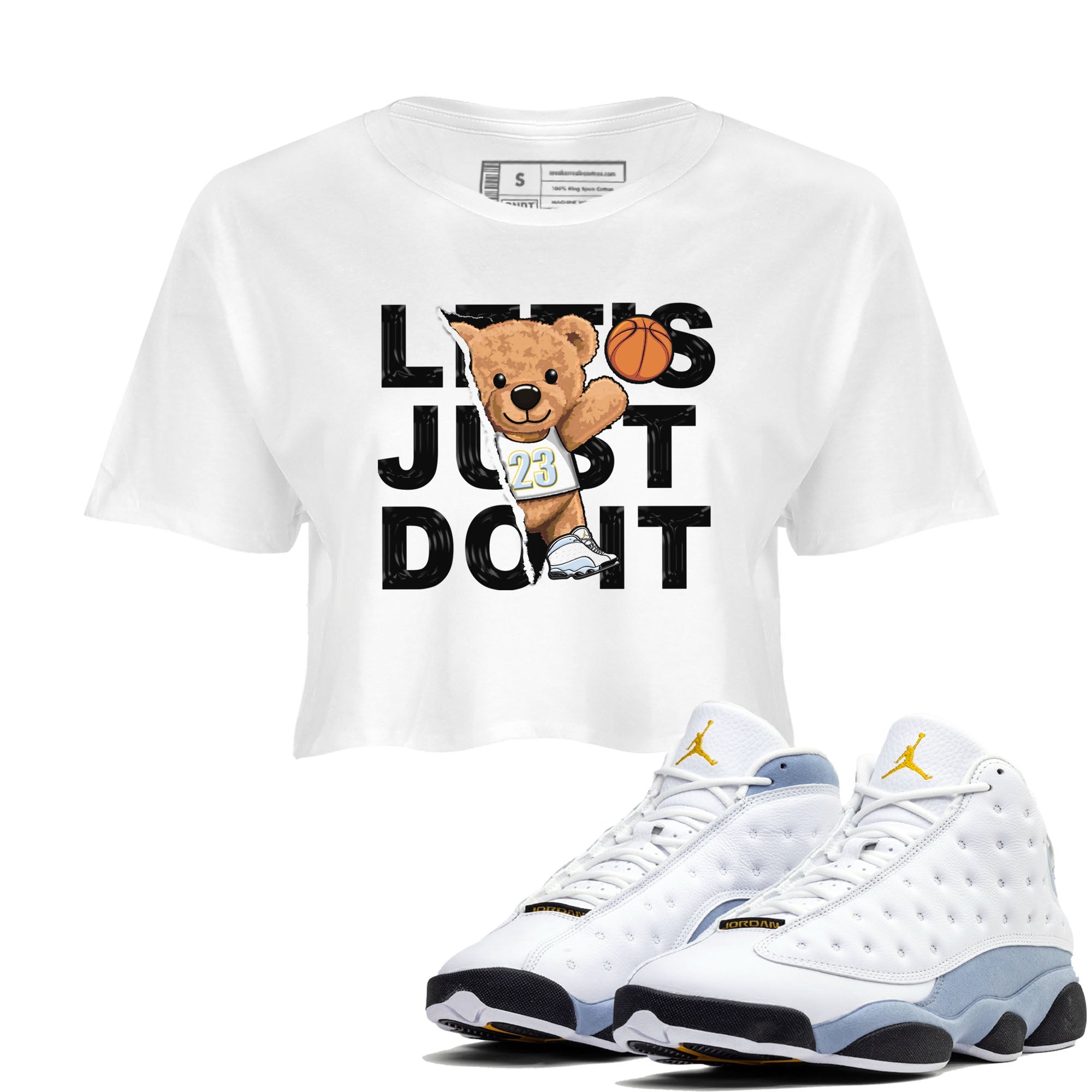 13s Blue Grey shirt to match jordans Rip Out Bear sneaker tees Air Jordan 13 Blue Grey Drip Gear Zone White 1 crop length shirt