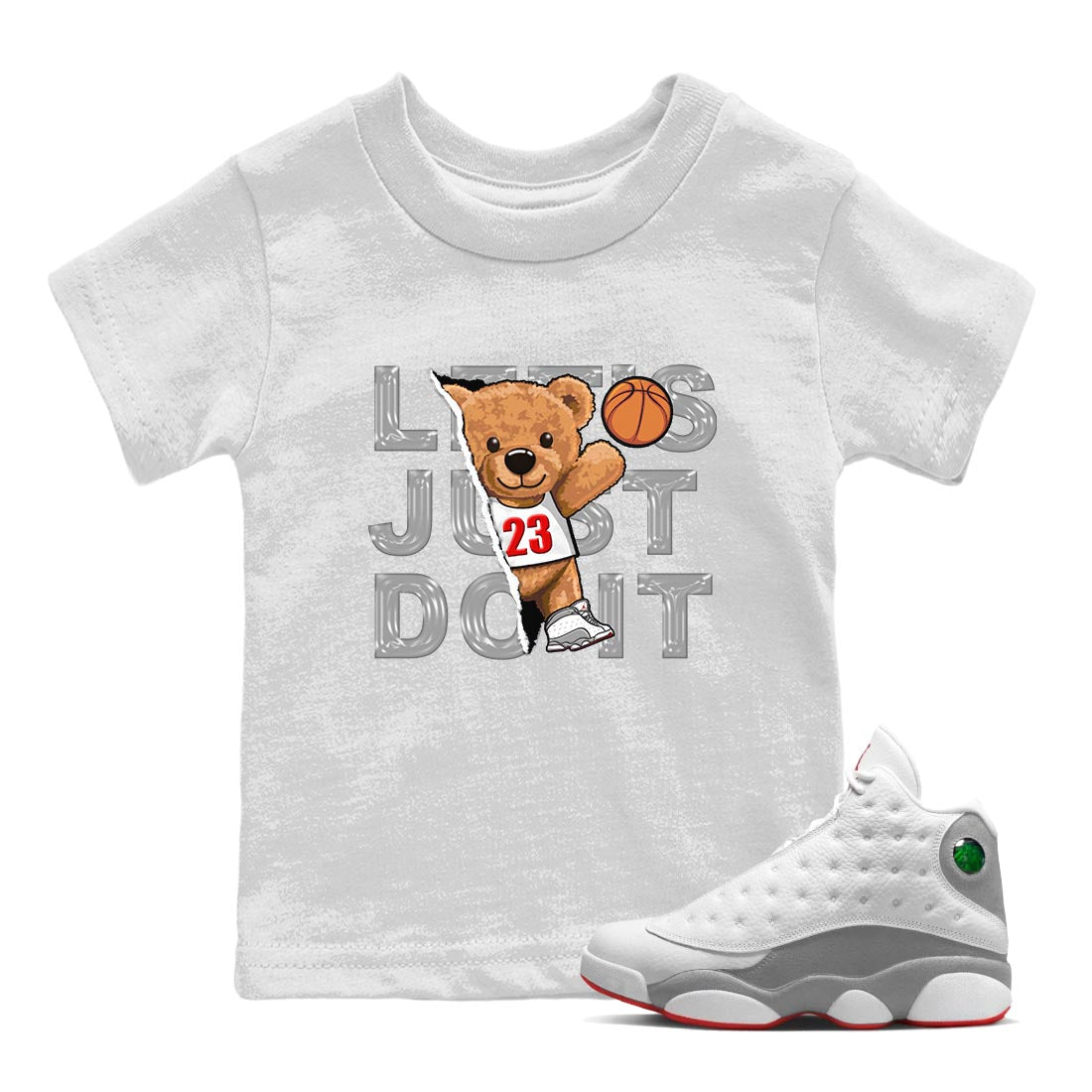 AJ13 Wolf Grey Sneaker Match Tees Rip Out Bear Streetwear Sneaker Shirt Air Jordan 13 Wolf Grey Drip Gear Zone Sneaker Matching Clothing Kids Shirts White 1