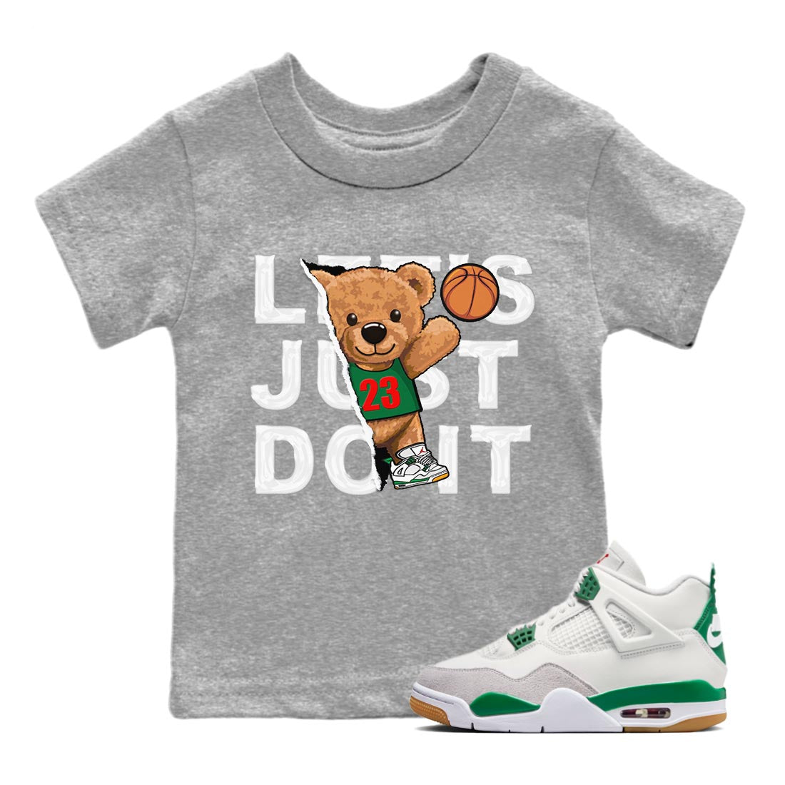 Air Jordan 4 Pine Green Sneaker Match Tees Rip Out Bear Streetwear Sneaker Shirt AJ 4s Pine Green Sneaker Release Tees Kids Shirts Heather Grey 1