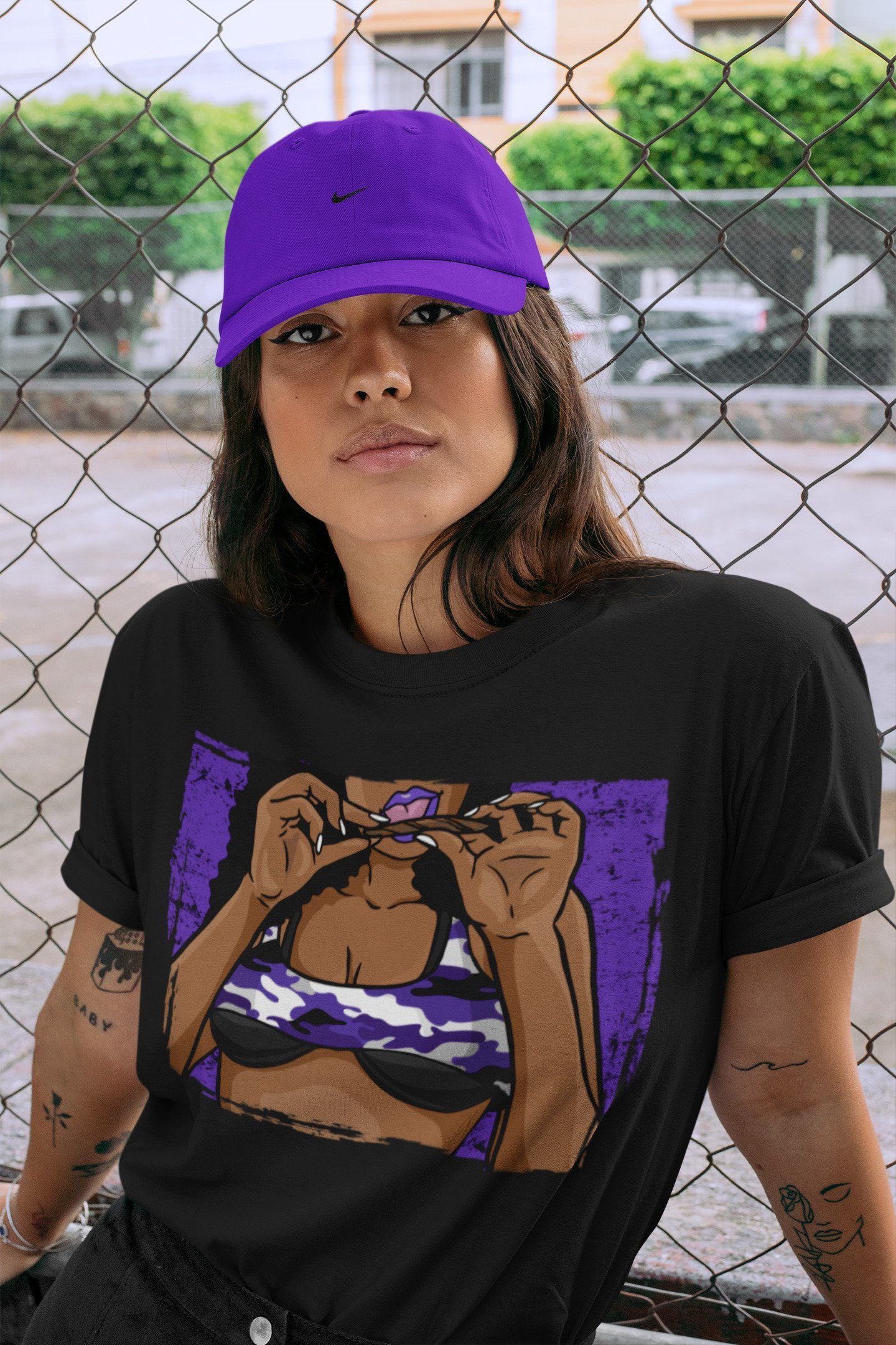 Jordan 1 Court Purple Sneaker Matching T-Shirt Roll Up Sneaker Tees Jordan 1 Court Purple Sneaker Release Tees Crew Neck Tees